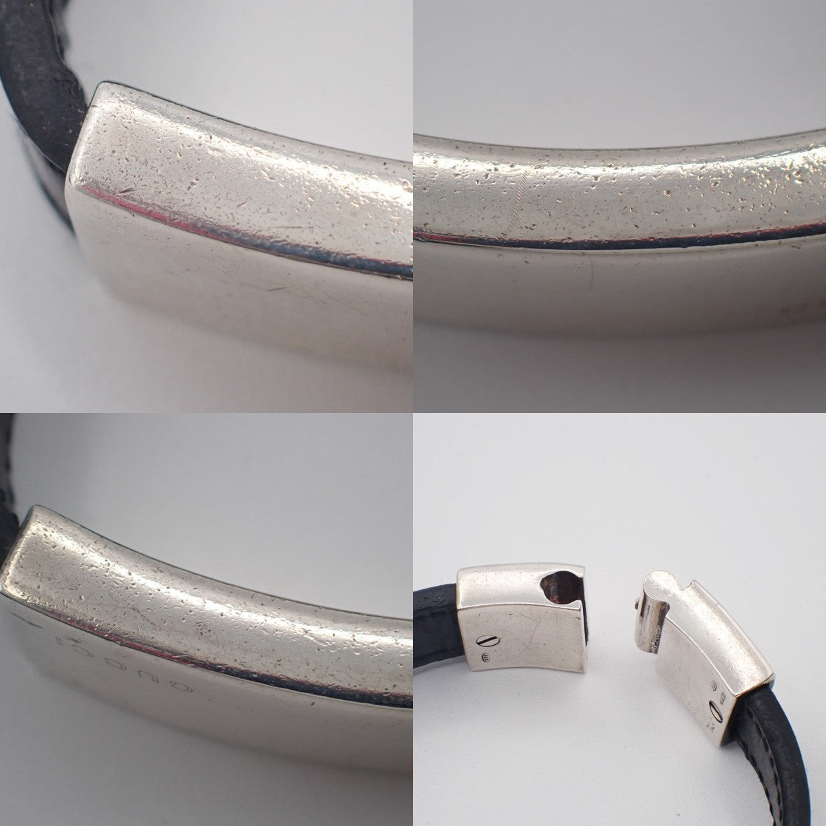 GUCCI Logo Bar Bracelet Bangle Leather Metal Black Silver925 Italy 01CA779