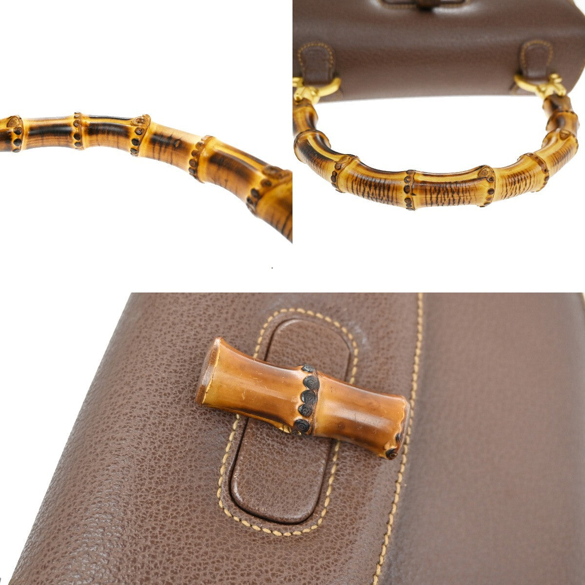 GUCCI Logo Bamboo Top Handle Hand Bag Leather Brown Gold Italy 52EE415
