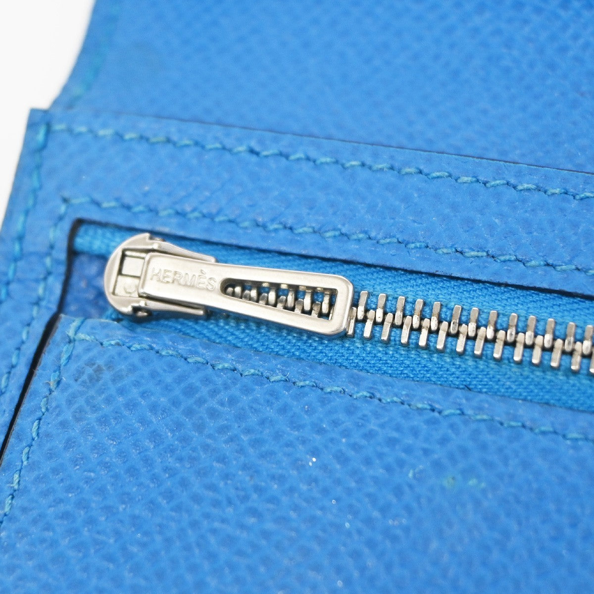 HERMES Logo Bearn Long Bifold Wallet Purse Epson Leather Blue SHW 65RQ023