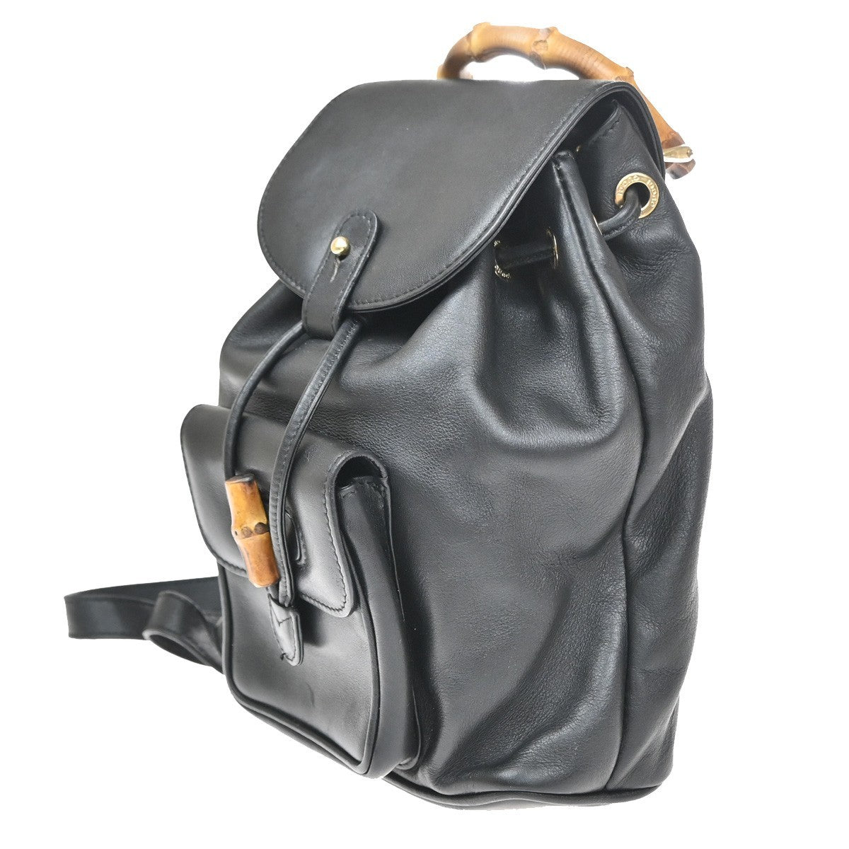 GUCCI Logo Bamboo Drawstring Backpack Bag Leather Black GHW Italy 85CA872