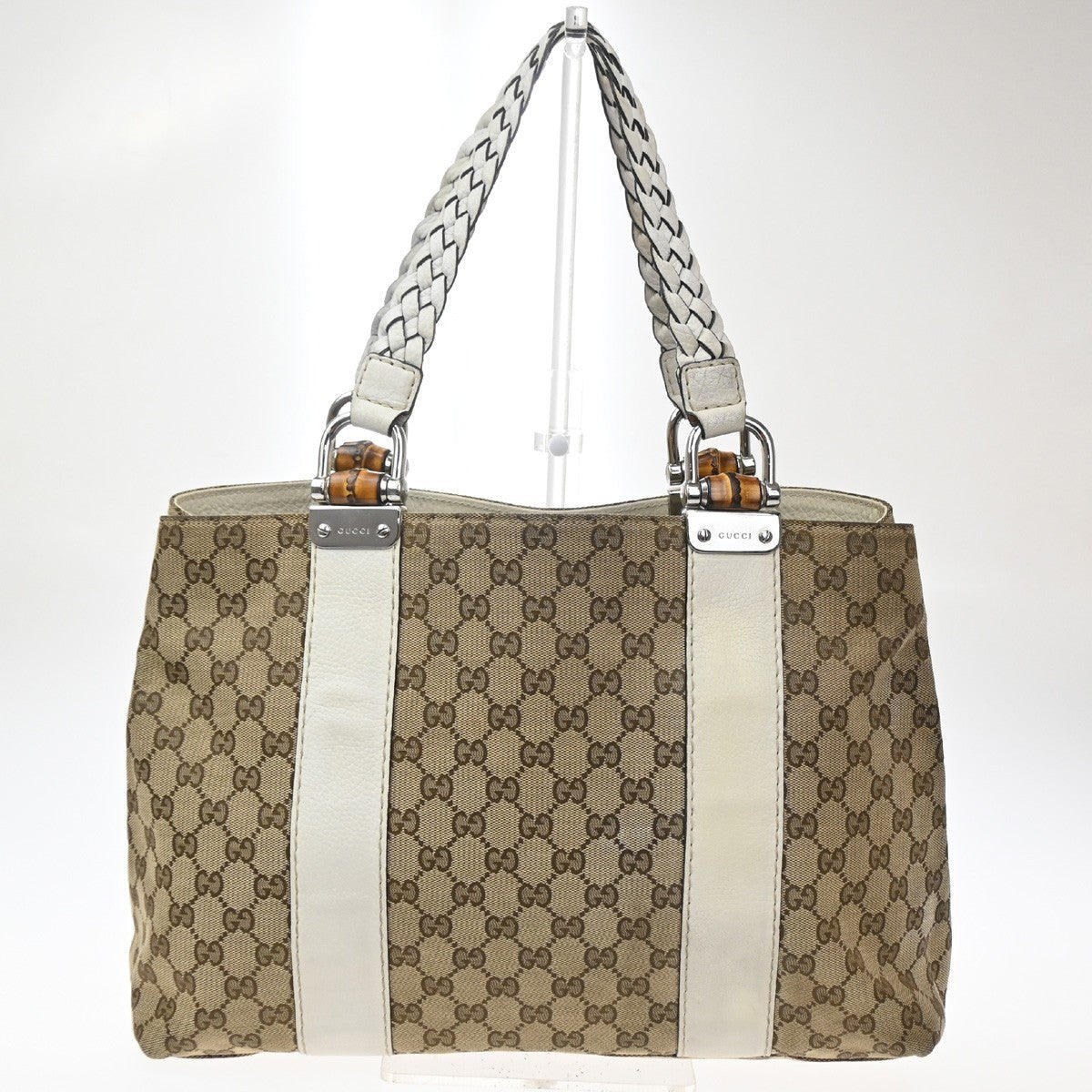 GUCCI Logo GG Pattern Hand Tote Bag Bamboo Canvas Leather Beige Italy 70CA985
