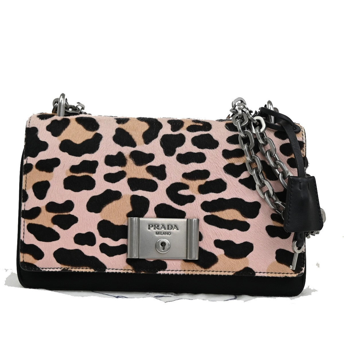 PRADA MILANO Leopard Chain Shoulder Bag Hair on Leather Nylon Black Pink 99KC004