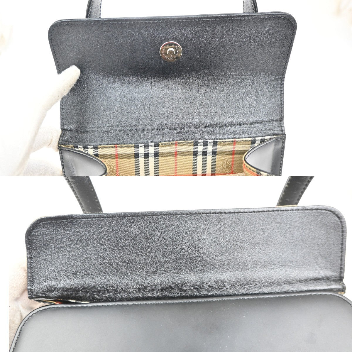 Burbrrys Logo Nova Check Shadow Horse Shoulder Hand Bag Leather Black 30KC505
