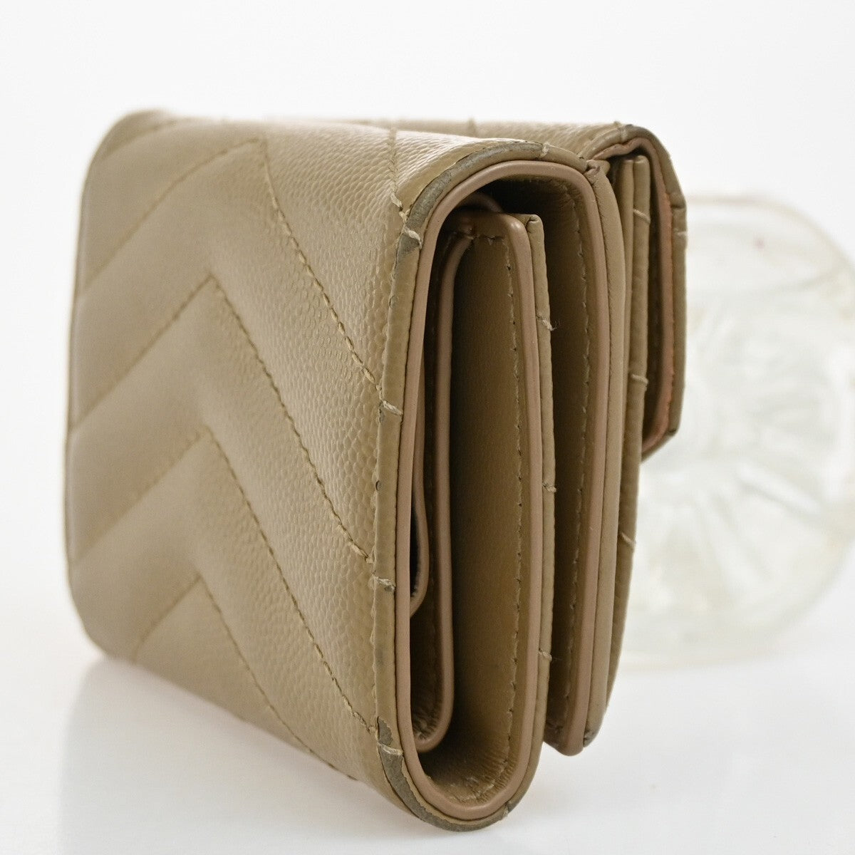 SAINT LAURENT YSL Logo Trifold Compact Wallet Leather Beige Gold Italy 66EE858