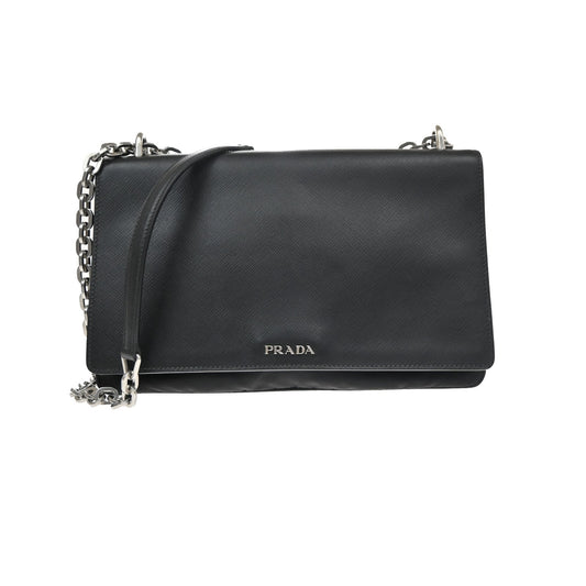 PRADA Saffiano Diagonal Chain Shoulder Bag Nylon Leather Black SHW 10KD064