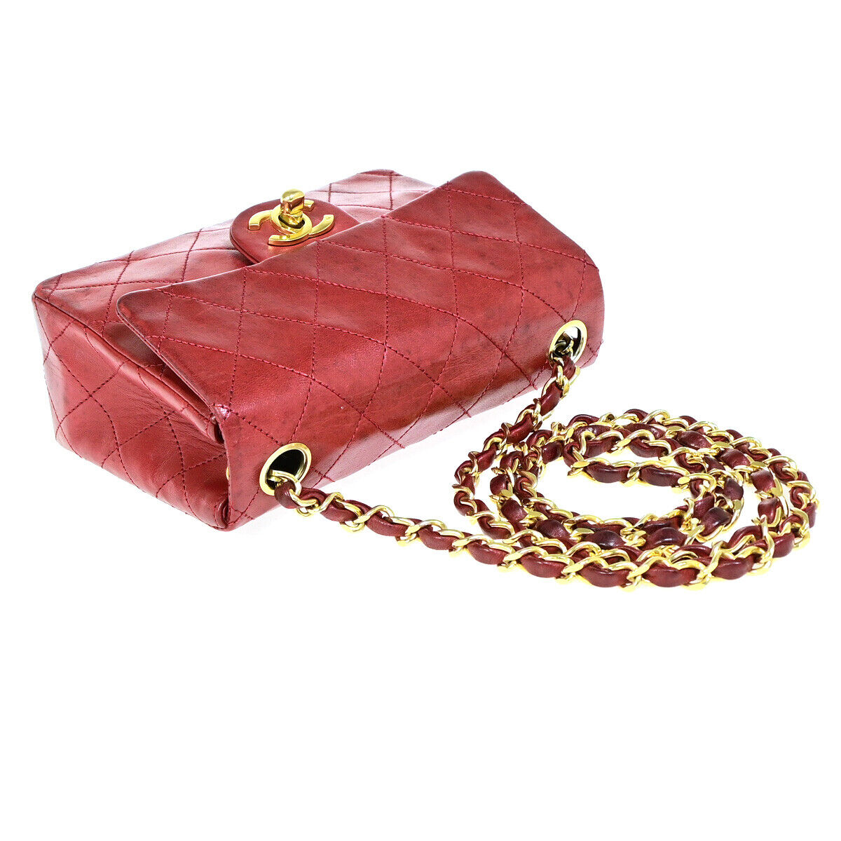 CHANEL CC Mini Matelasse Chain Shoulder Bag Leather Red GHW Vintage 629RJ920