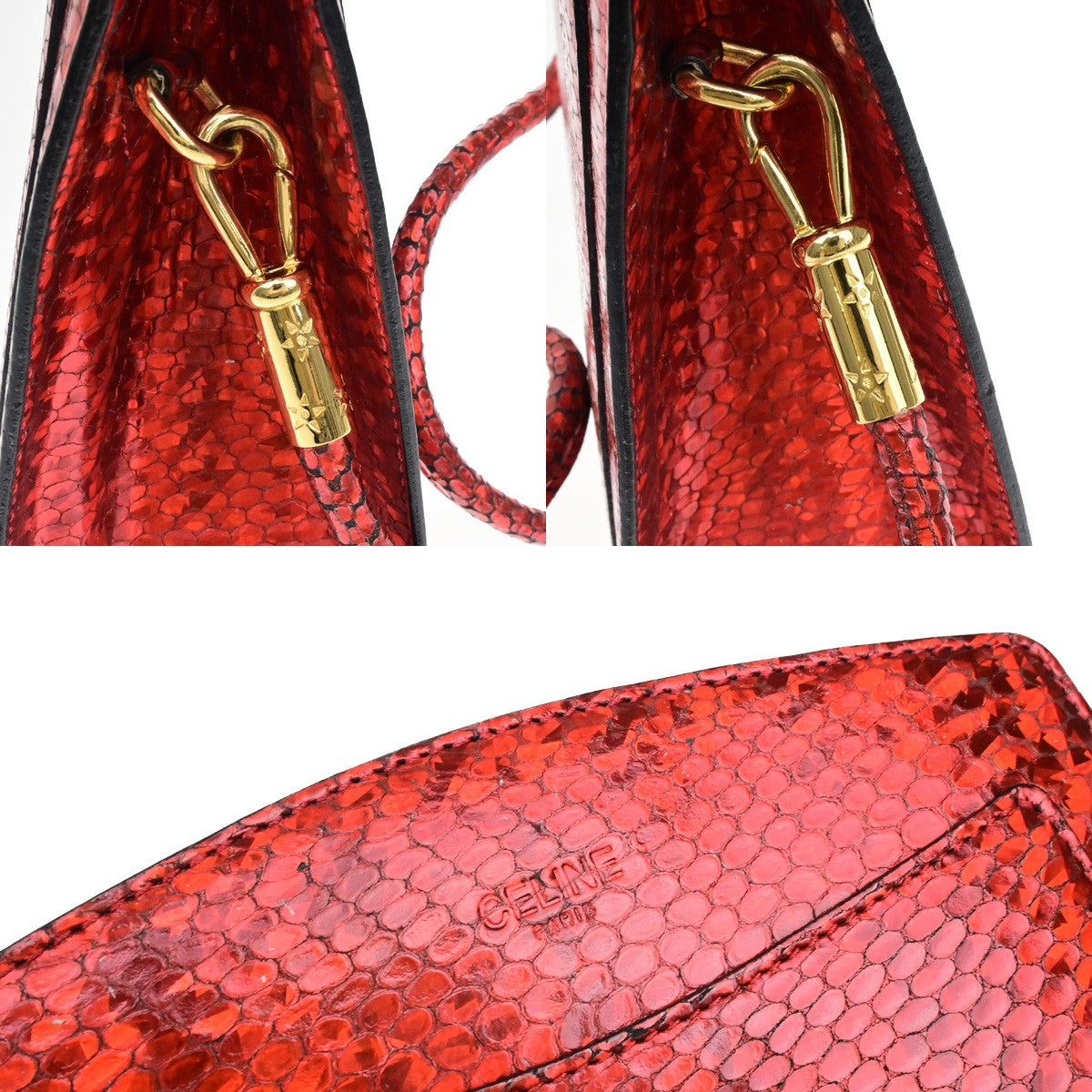 CELINE Logo Shoulder Bag Exotic Leather Red GHW Italy 65YH034