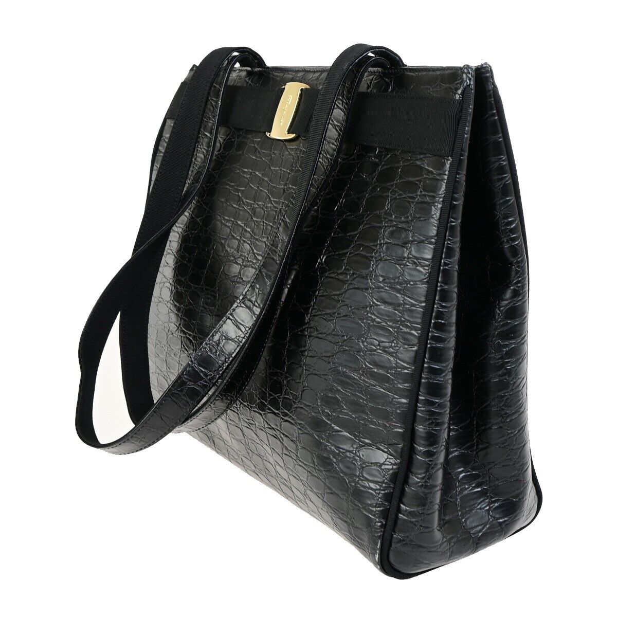 SALVATORE FERRAGAMO Vara Shoulder Bag Embossing Leather Black GHW Italy 68KA514