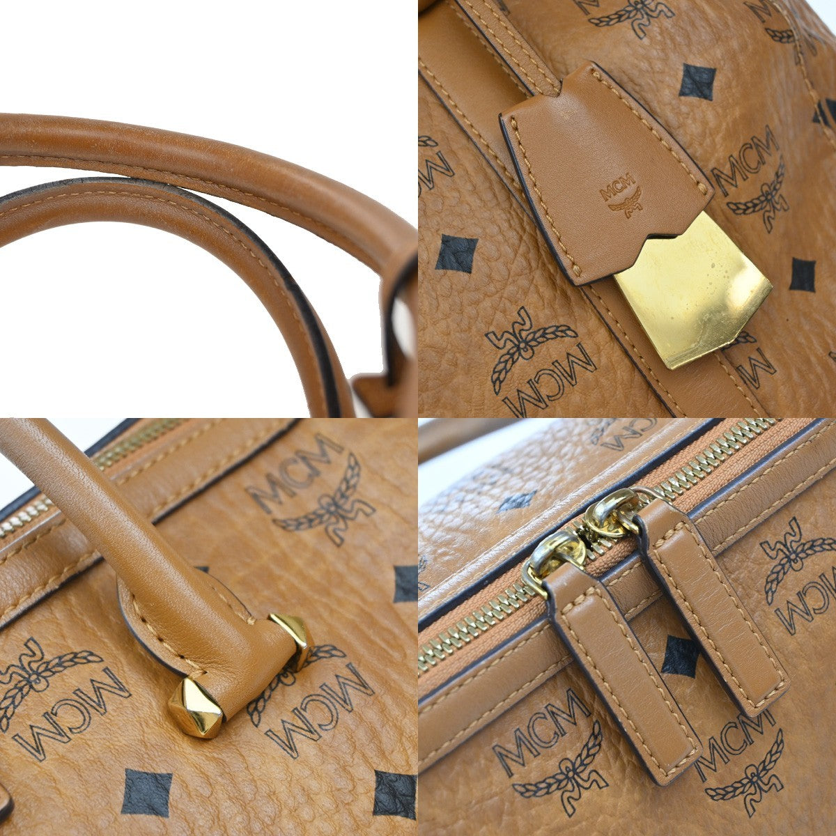 MCM Logo Travel Hand Bag Leather Brown Gold Plated 61EG132