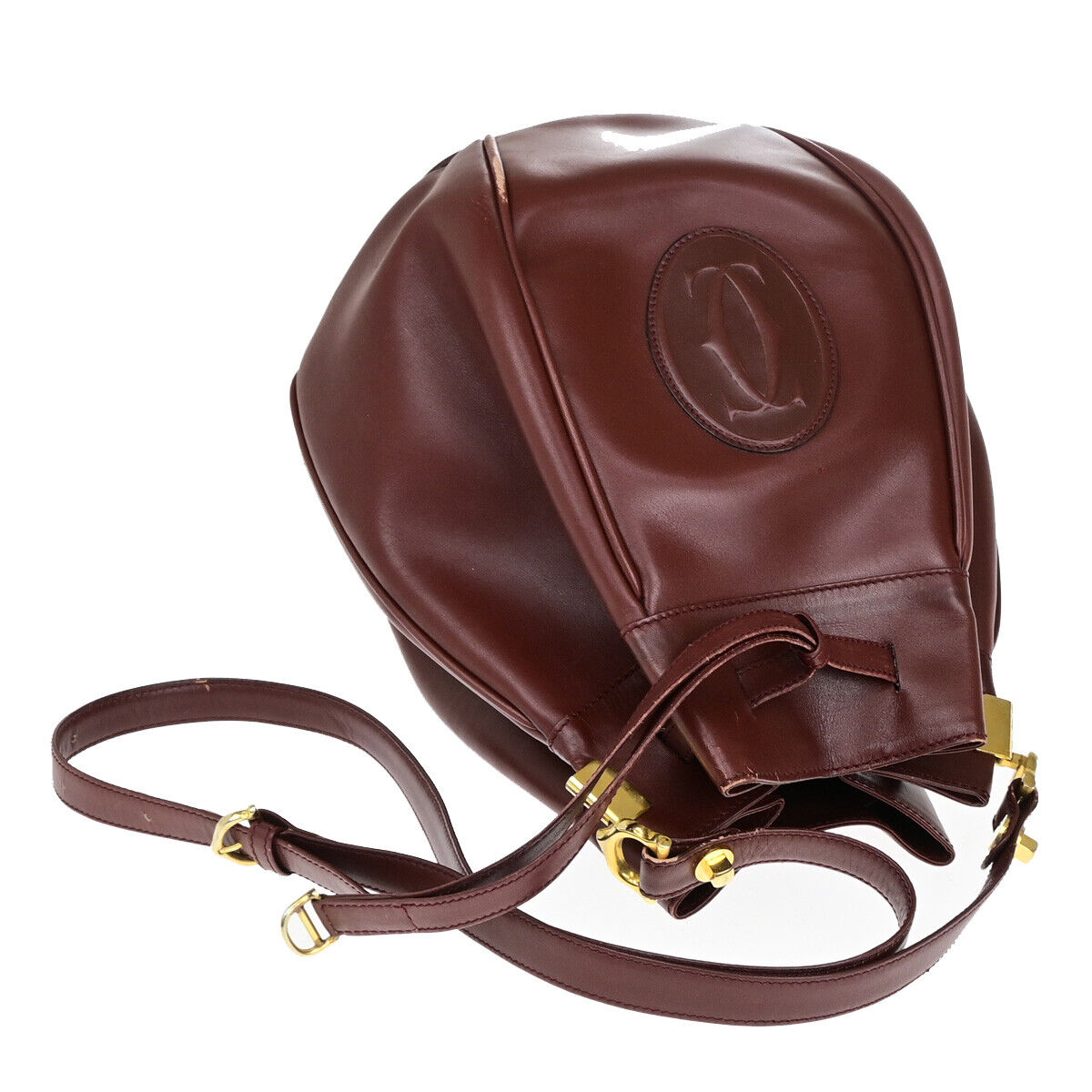 MUST DE CARTIER 2C Logo Drawstring Shoulder Bag Leather Bordeaux GHW 67YF121