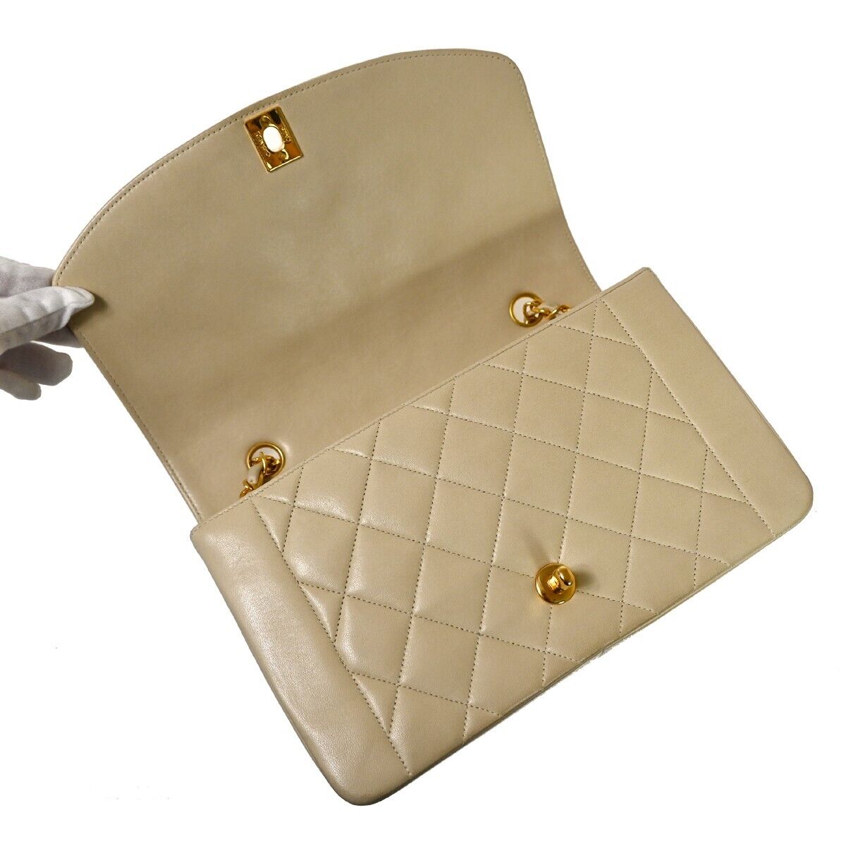 CHANEL CC Logo Diana Matelasse 25 Chain Shoulder Bag Leather Beige GHW 898RH912