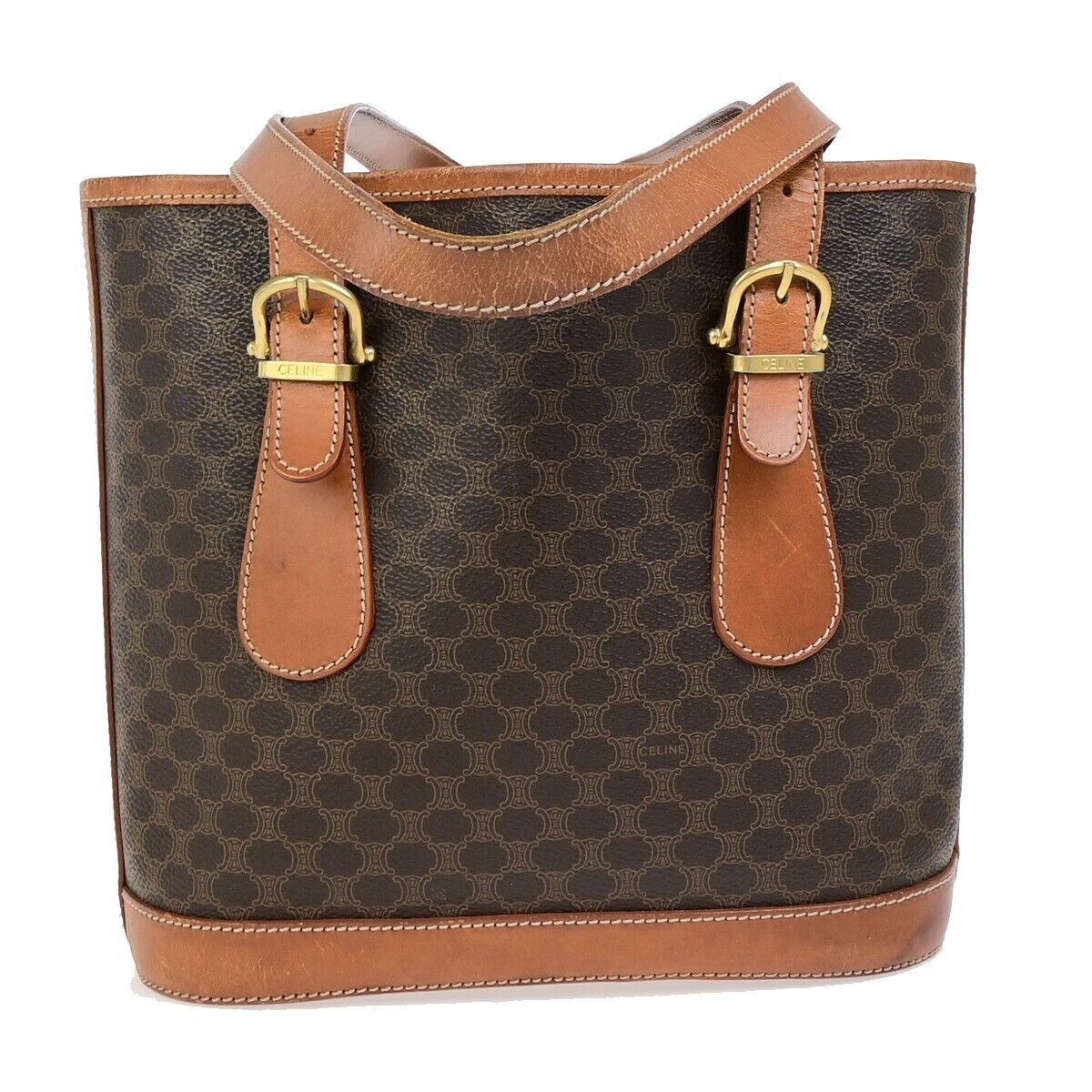 CELINE Logo Macadam Pattern Shoulder Tote Bag PVC Leather Brown Italy 61FB227
