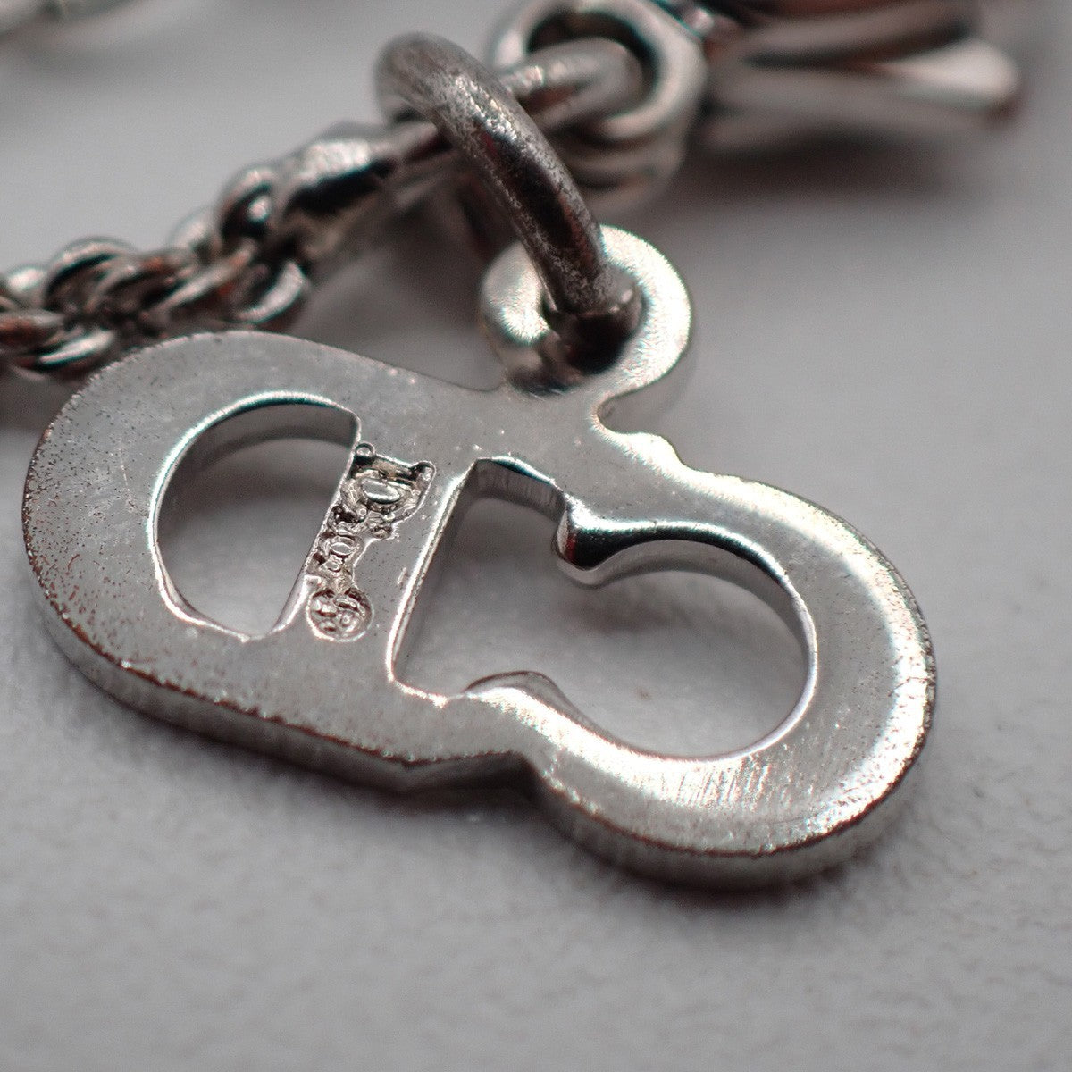 CHRISTIAN DIOR D Logo Dice Charm Necklace Rhinestone Silver Accessory 02KB500