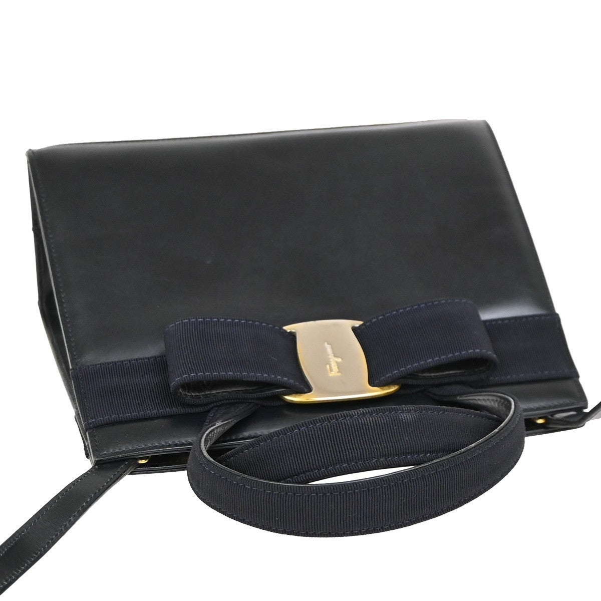 SALVATORE FERRAGAMO Vara Bow 2Way Handbag Canvas Leather Blue GHW Italy 36KB992