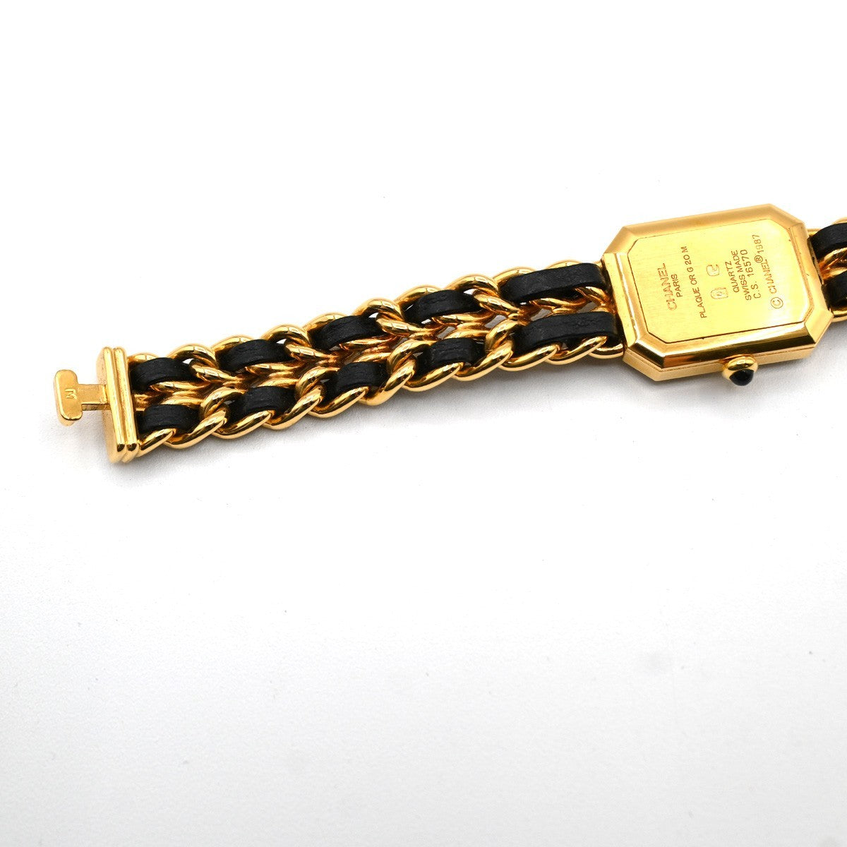 CHANEL Logo Premiere Watch M Size Quartz Gold Plated Leather Swiss Made 620LC637