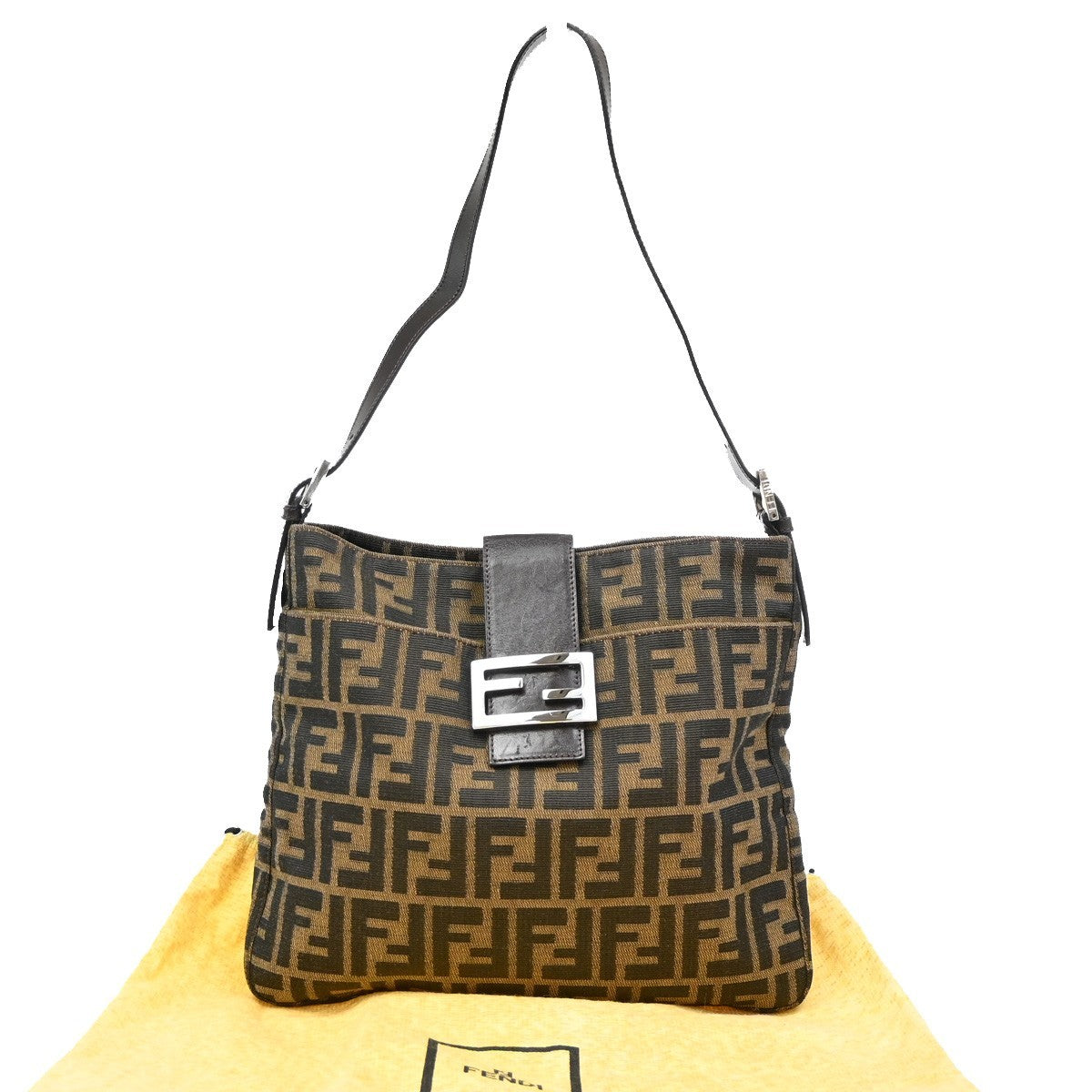 FENDI Logo Mamma Zucca Pattern Shoulder Bag Canvas Leather Brown Italy 28RF622