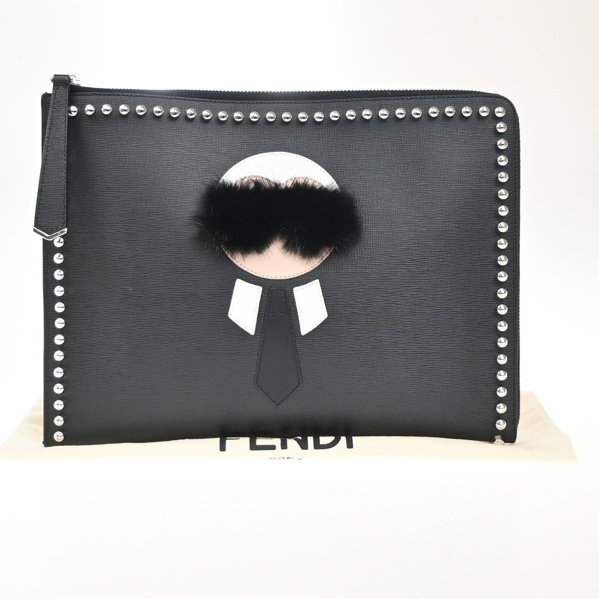 FENDI Karlito Karl Lagerfeld Clutch Bag Leather Fur Black SHW Italy 30EG245