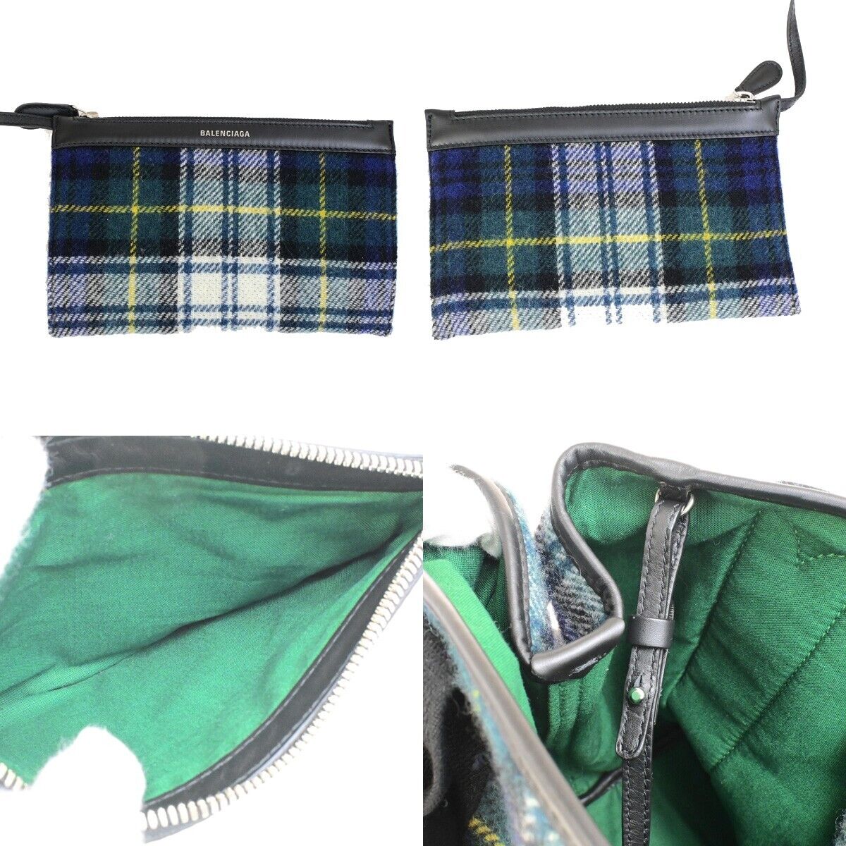 BALENCIAGA Navy Cabas S Hand Tote Bag Check Wool Leatehr Green Black 75KA432