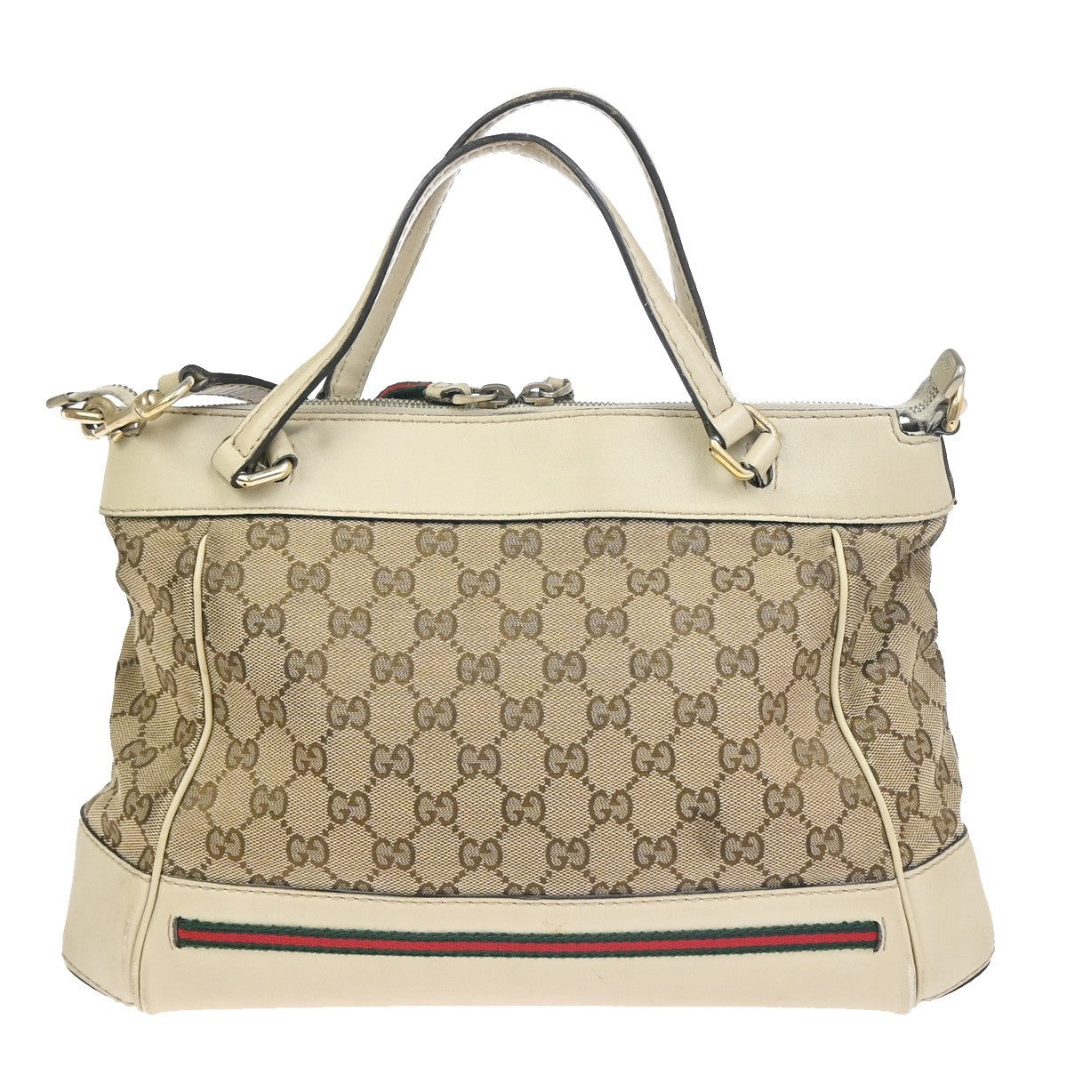 GUCCI GG Sherry Ribbon 2Way Shoulder Hand Bag Canvas Leather Ivory Italy 38KC760