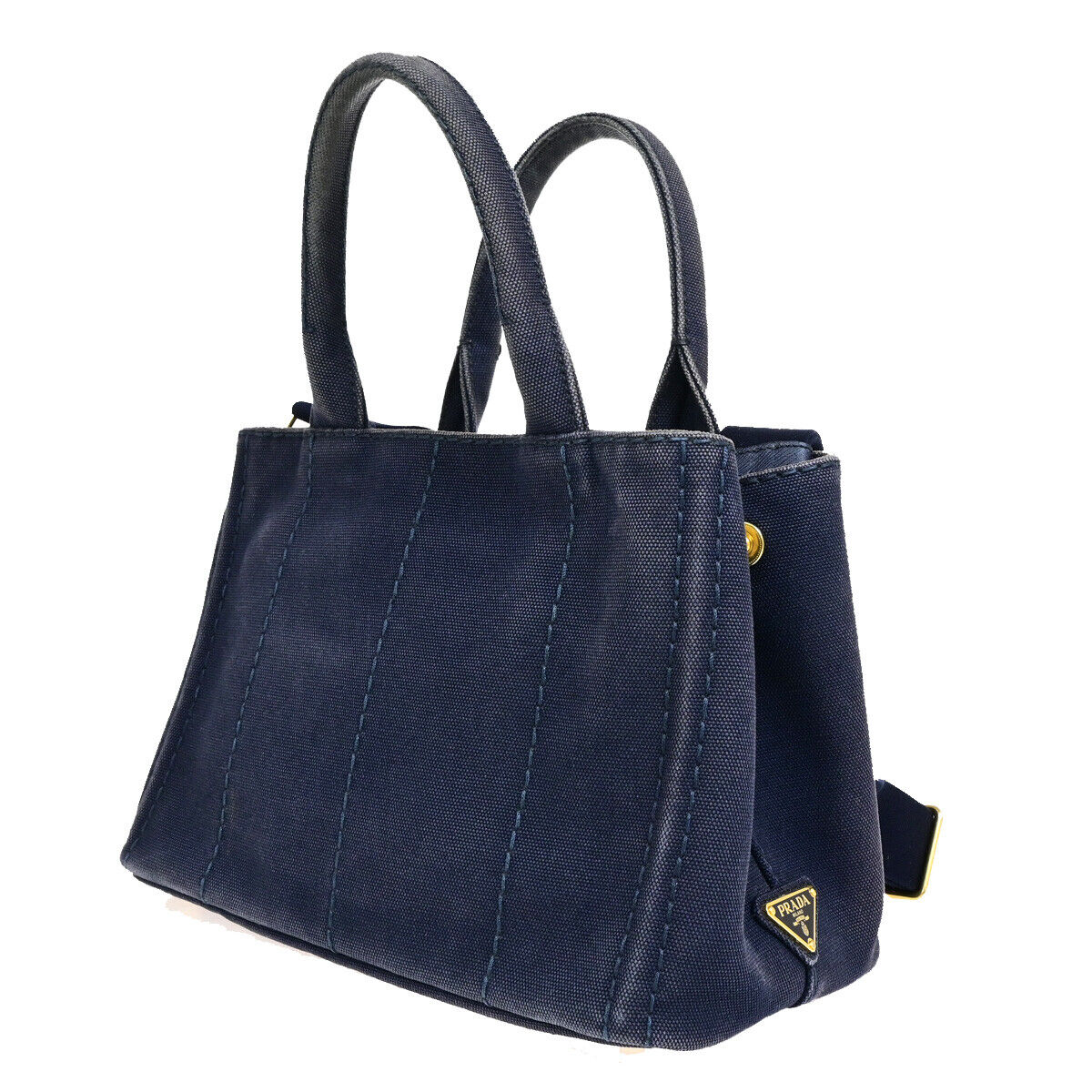 PRADA Logo CANAPA 2Way Shoulder Hand Bag Canvas Leather Navy Blue GHW 86SJ071