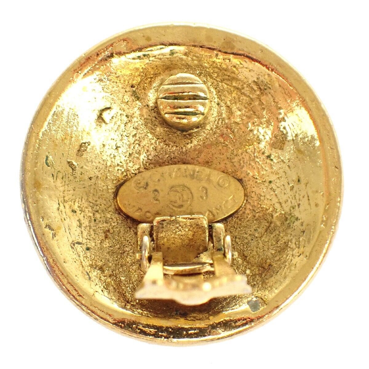 CHANEL CC Logo Round Button Earrings 23 Clip-On Rhinestone GHW Vintage 72GA289