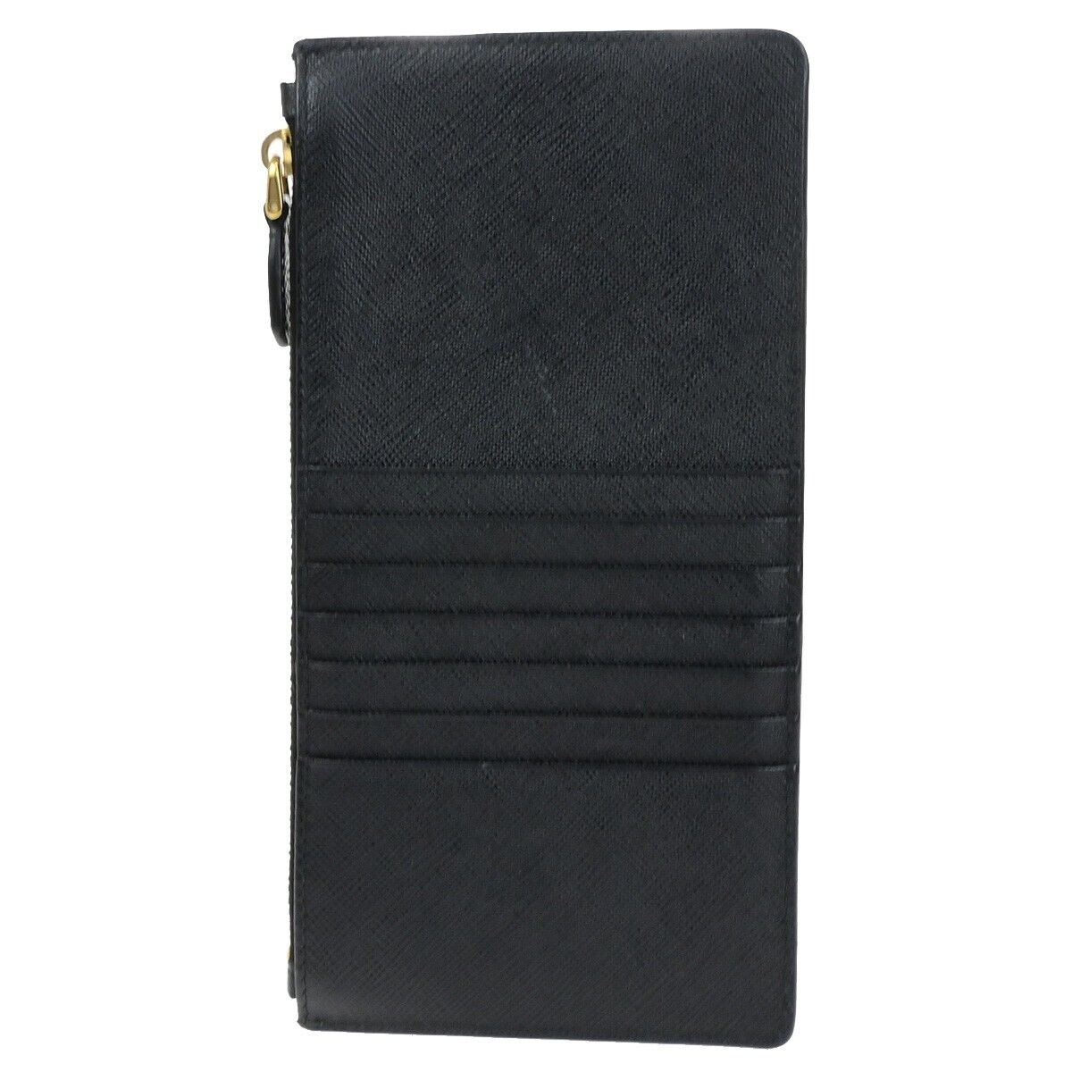 PRADA Logo Saffiano Card Holde Long Wallet Leather Black Gold Italy 65SJ628