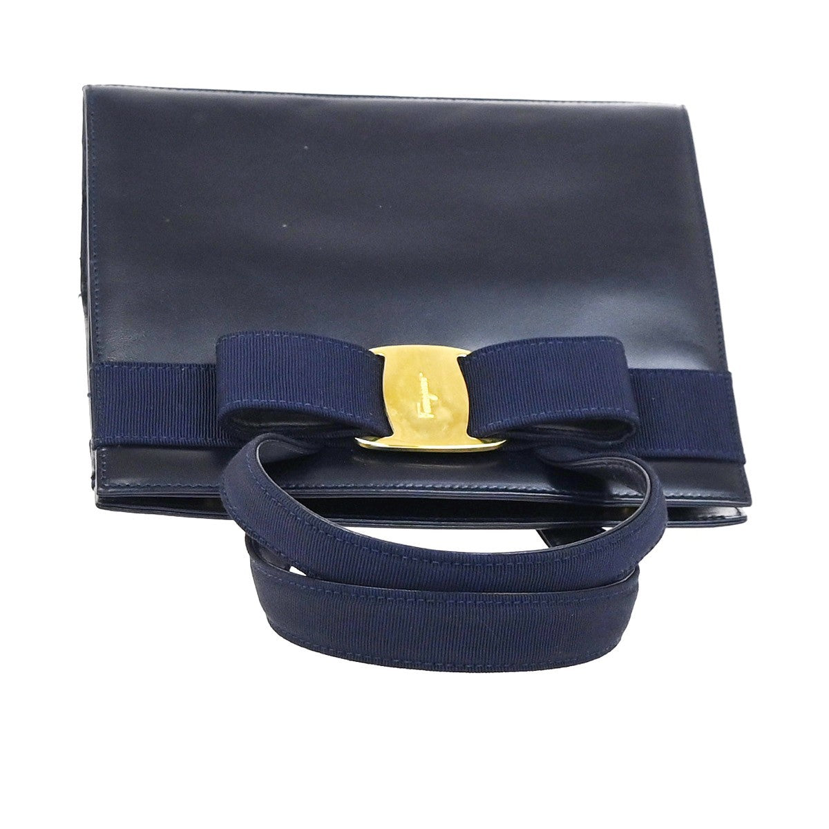 SALVATORE FERRAGAMO Vara 2Way Shoulder Hand Bag Canvas Leather Navy Blue 80YH965