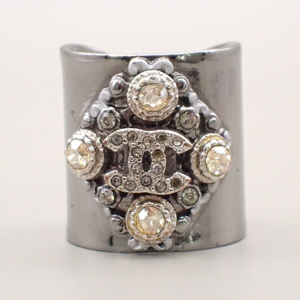 CHANEL CC Logo Rhinestone Ring 06P  Silver Plated France Accessory 34YE511