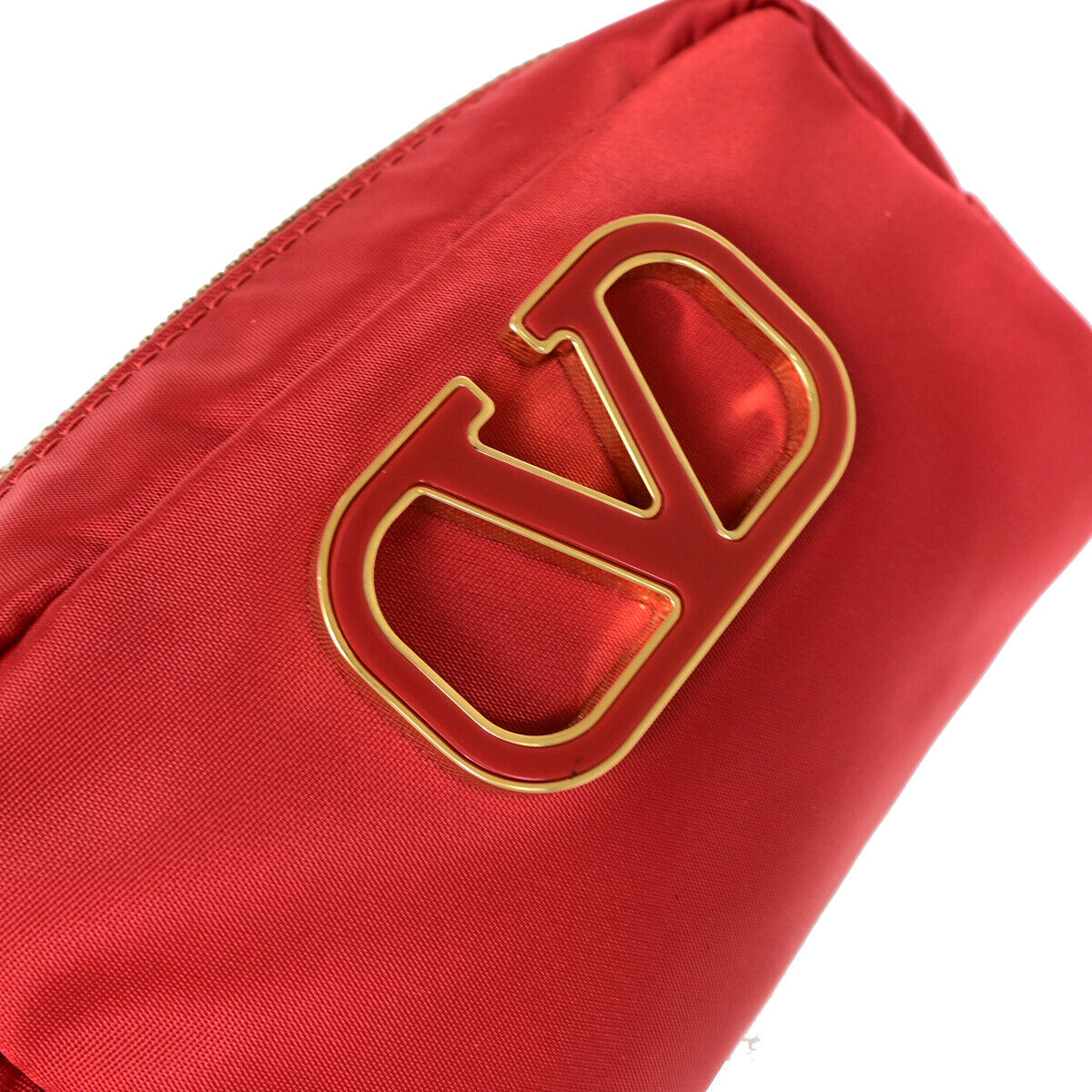 VALENTINO GARAVANI Logo Cosmetic Pouch Nylon Leather Red GHW Italy 09YF133