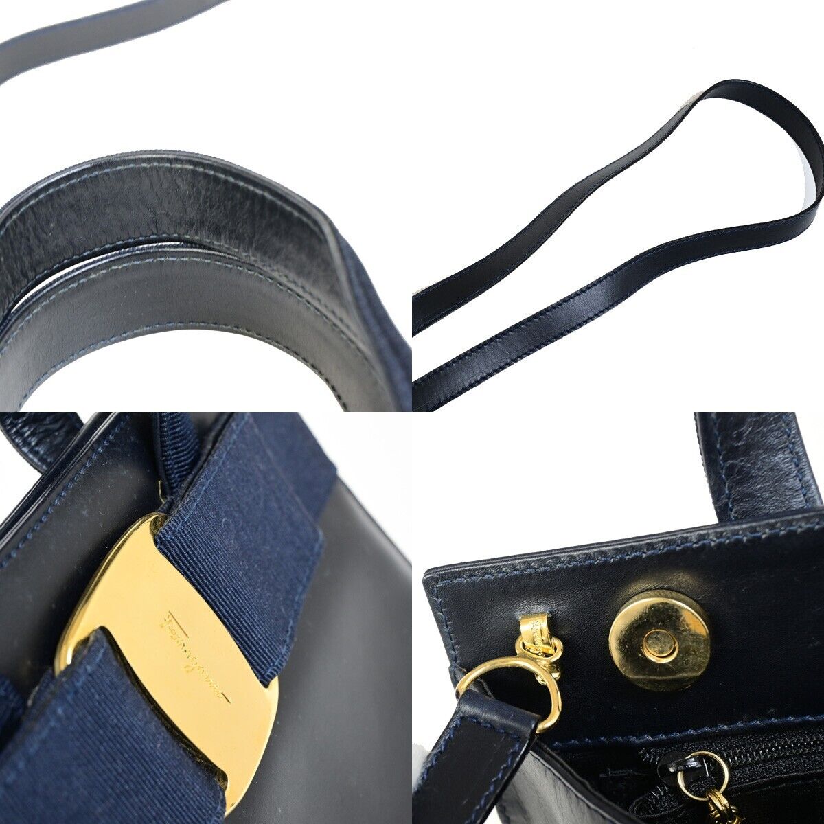 SALVATORE FERRAGAMO LOGO Vara 2Way Hand Bag Leather Canvas Navy Blue 65FA942