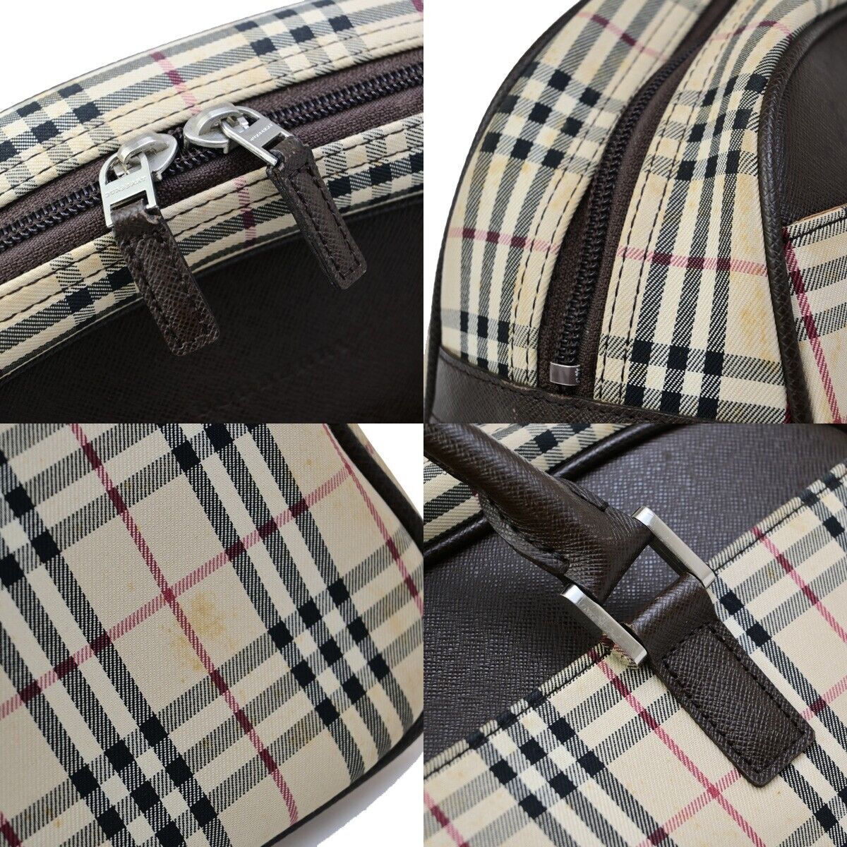 BURBERRY Logo Nova Check Hand Bag Canvas Leather Beige Brown Silver 63KA488