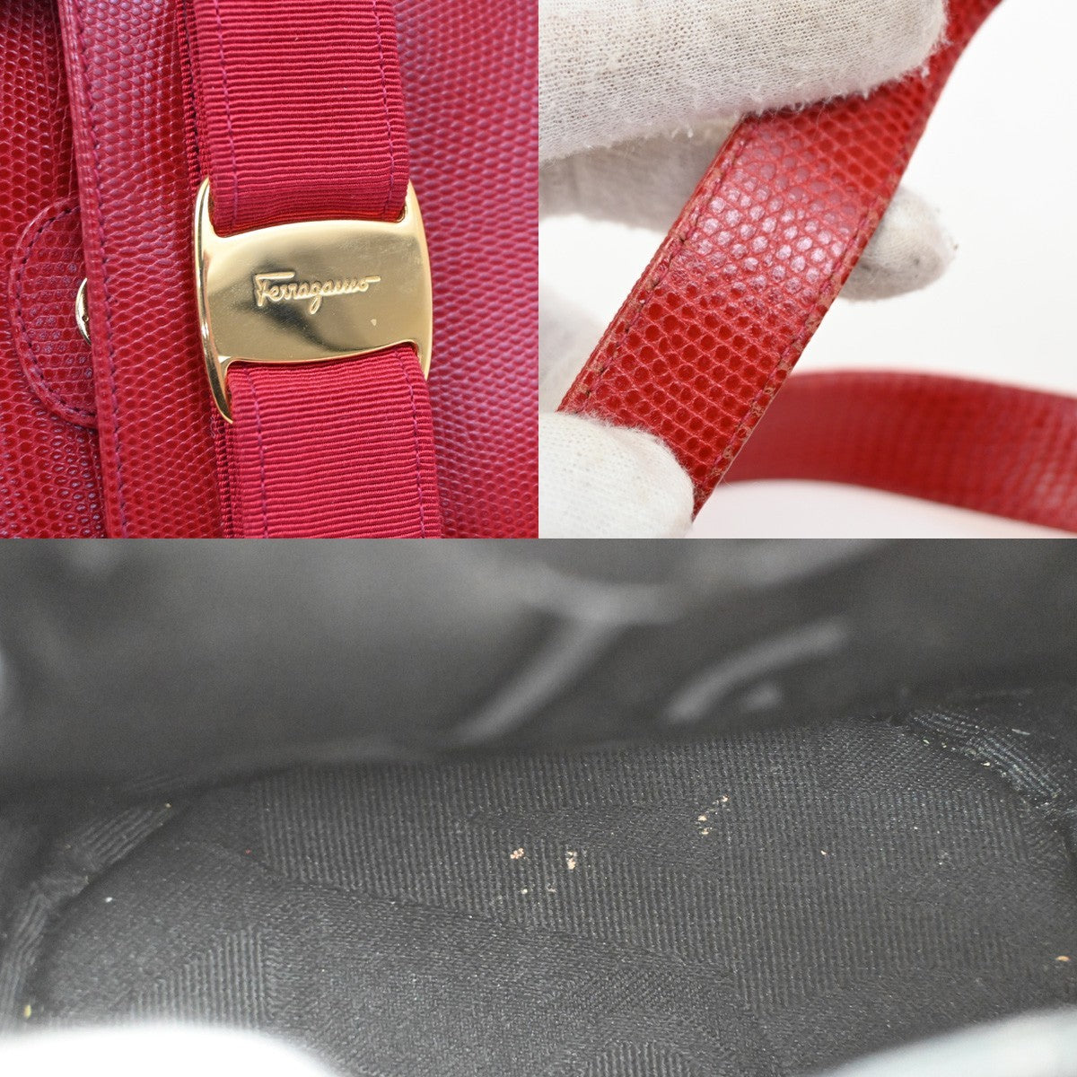 SALVATORE FERRAGAMO Vara Bow Bucket Handbag Embossed Leather Red GHW 62DA271
