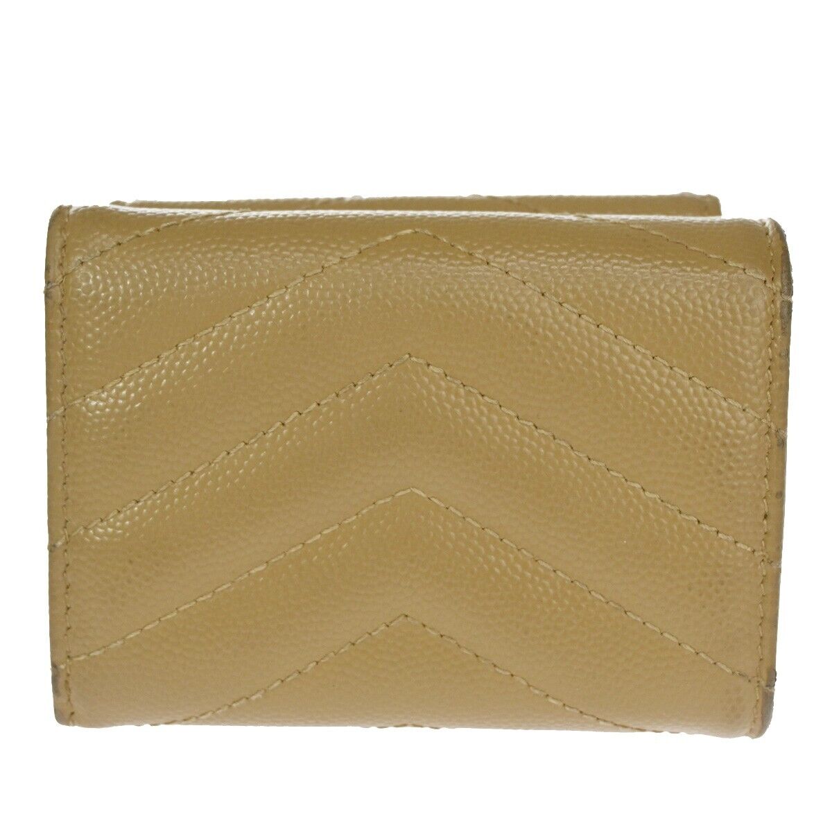 SAINT LAURENT YSL Logo Trifold Wallet Purse Leather Beige Gold Italy 66SH093