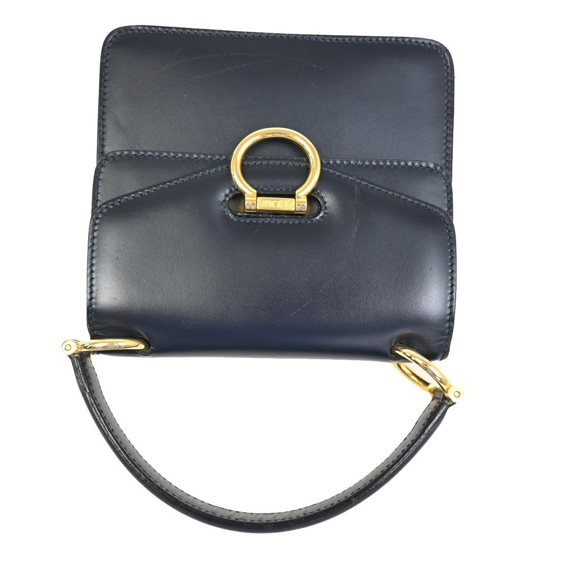 CELINE Logo Gancini Top Handle Hand Bag Leather Navy Blue Gold Italy 38TA361