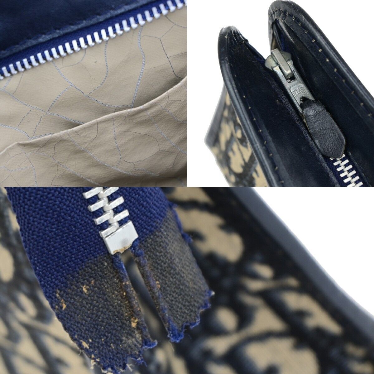 CHRISTIAN DIOR Logo Trotter Pattern Pouch Canvas Leather Navy Blue 01EC871