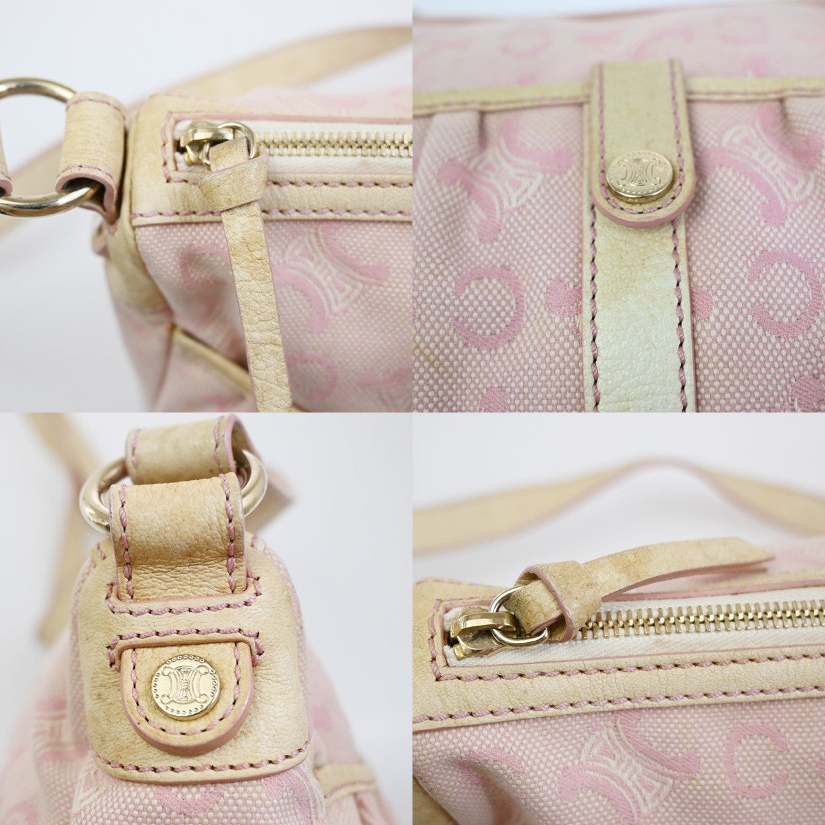 CELINE Logo C Macadam Shoulder Bag Canvas Leather Beige Pink GHW 63ZA180