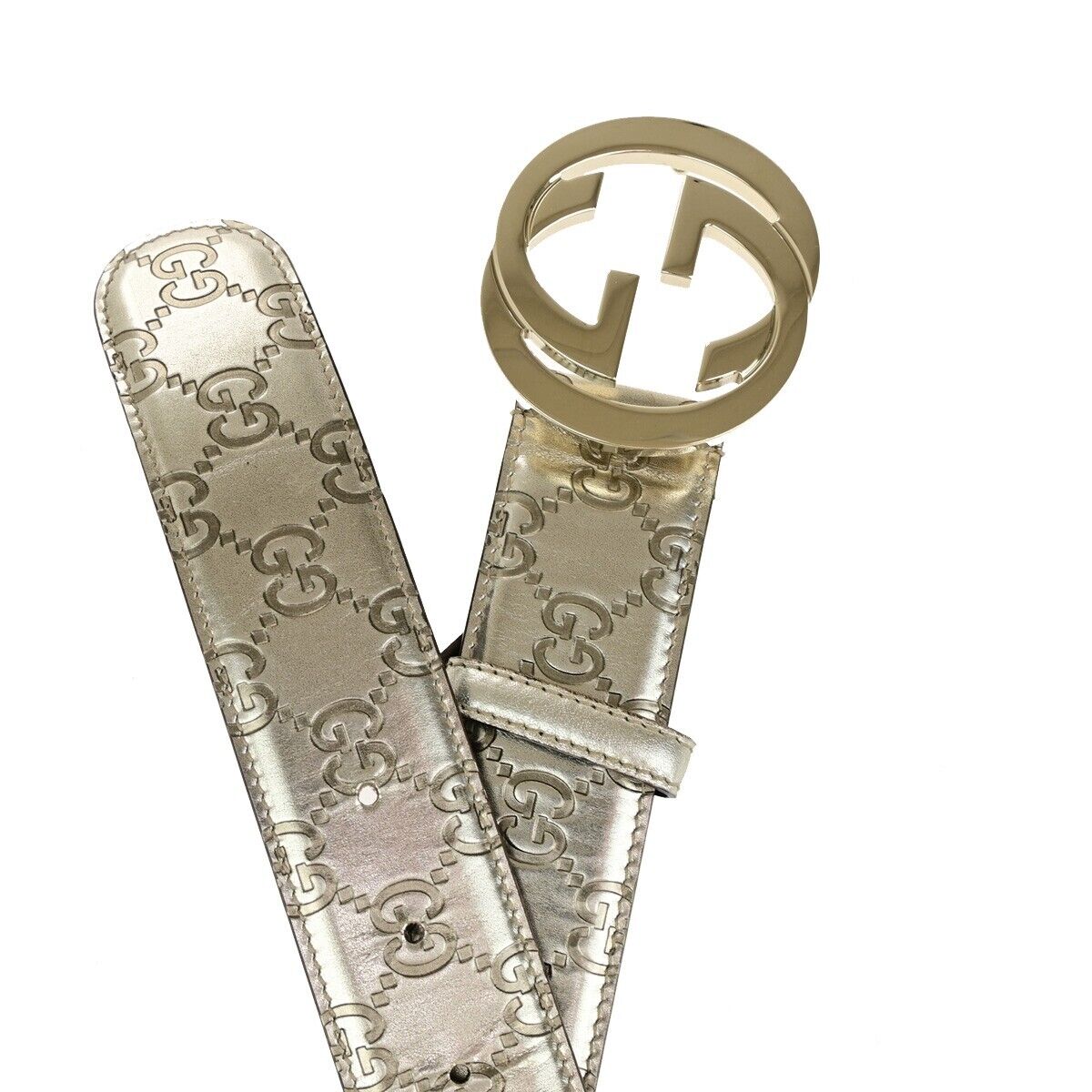 GUCCI GG Logo Interlocking Guccissima Belt 75/30 Leather Silver Italy 36EB415