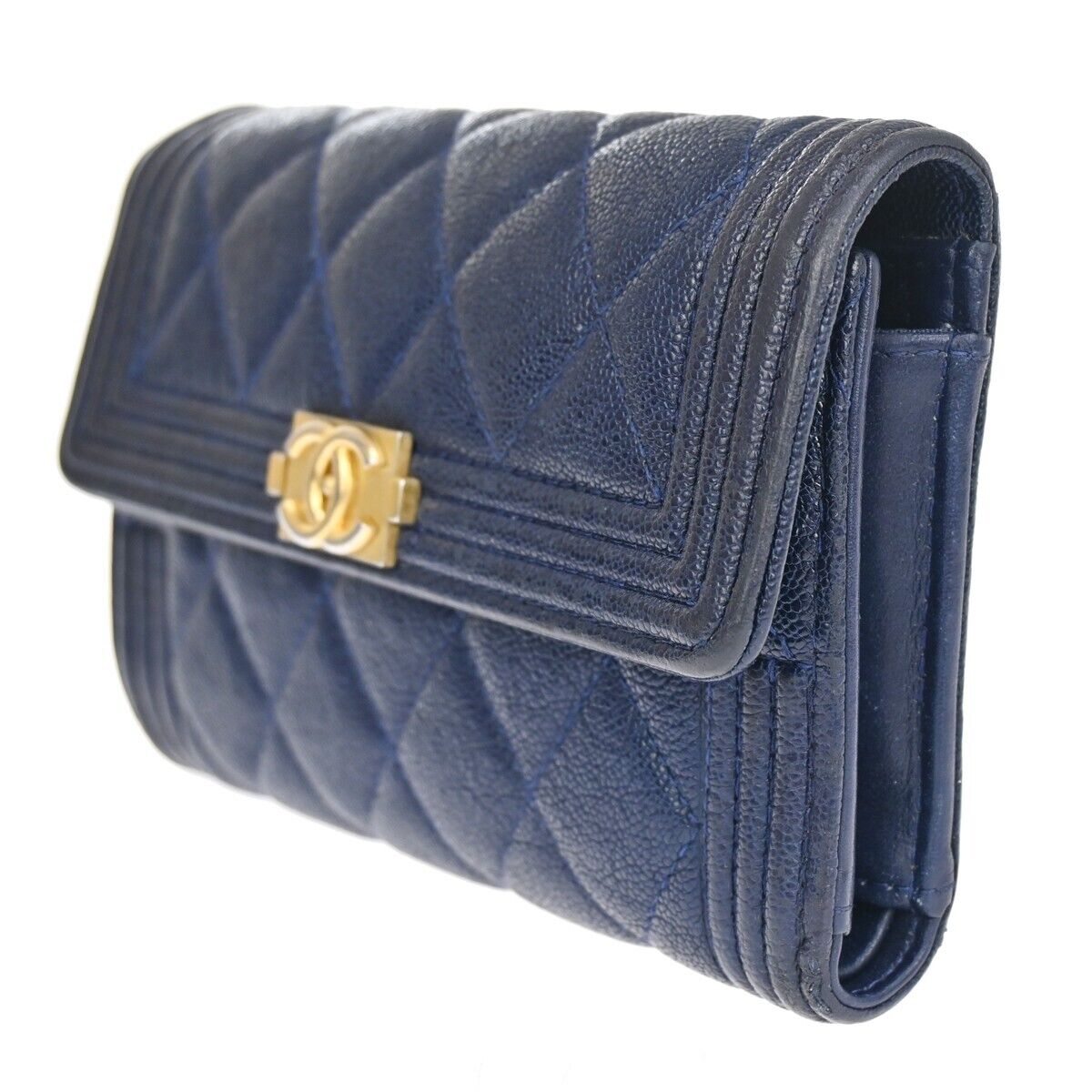 CHANEL CC Chanel boy Trifold Wallet Purse Caviar Skin Leather Navy Blue 34HB611