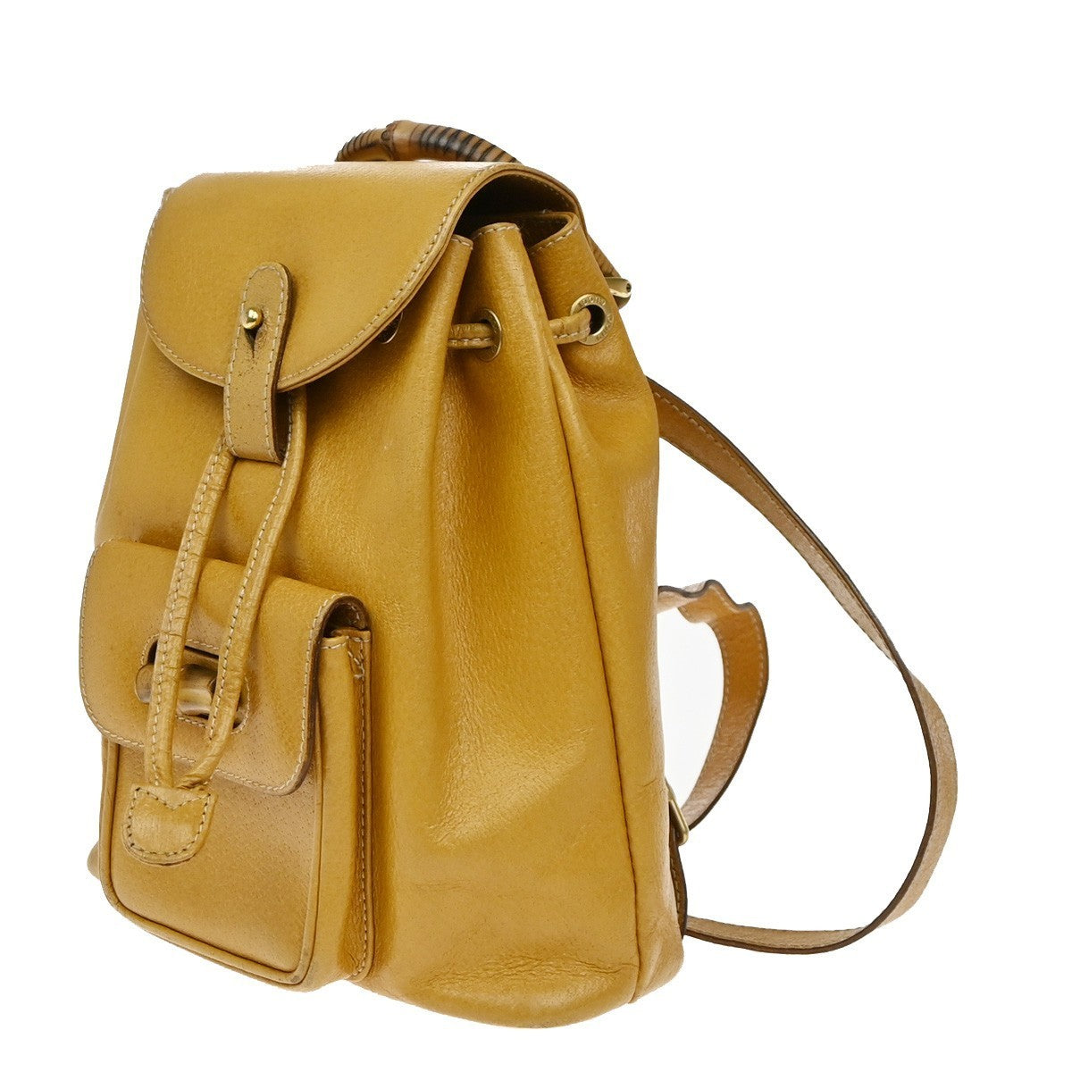 GUCCI Logo Bamboo Drawstring Mini Backpack Bag Leather Yellow GHW Italy 65KP452