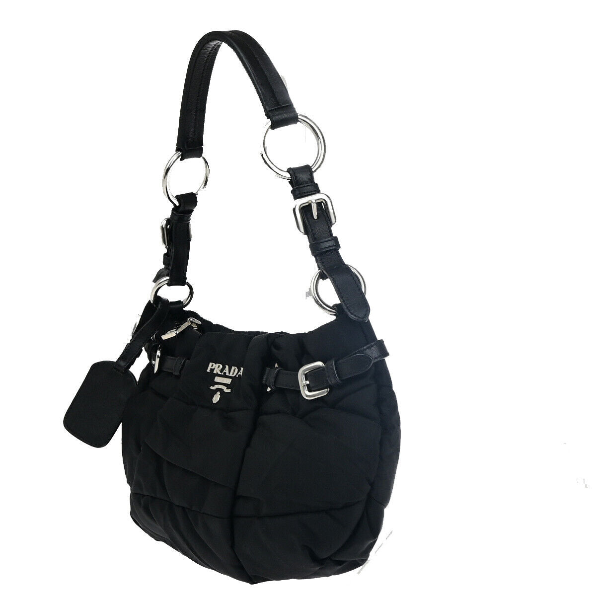 PRADA Logo Crispy Shoulder Bag Nylon Leather Black SHW Italy 17RK079