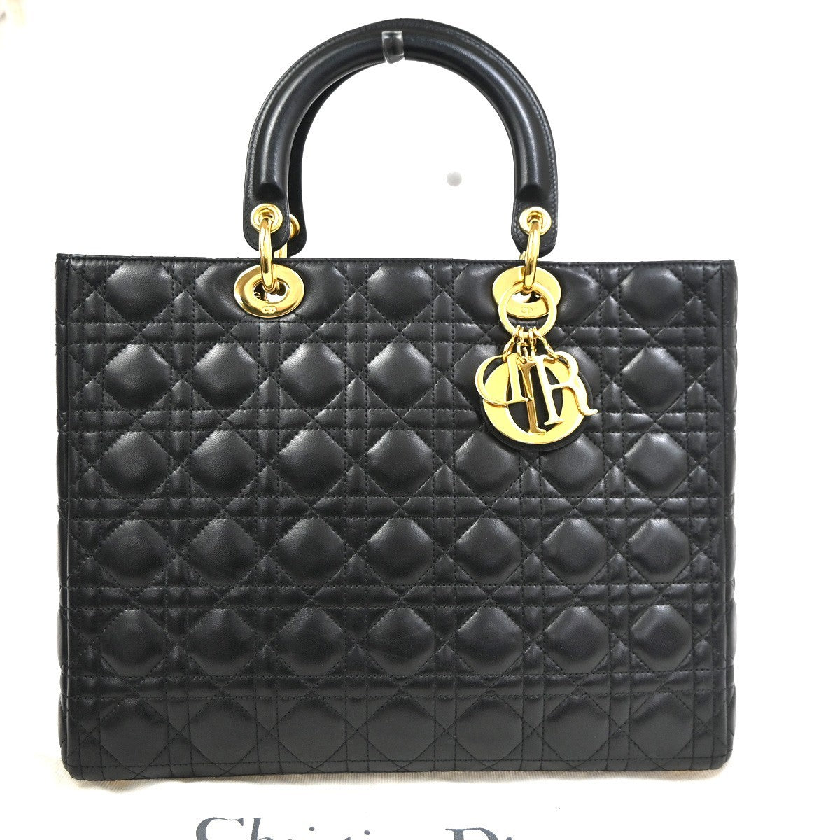 CHRISTIAN DIOR Lady Cannage Hand Tote Bag Leather Black Gold Italy 653RL740