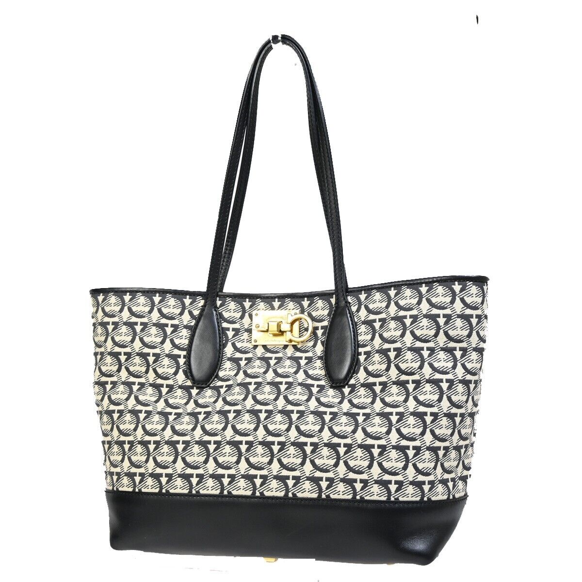 SALVATORE FERRAGAMO Gancini Shoulder Tote Bag Canvas Leather Black Gold 35SH764