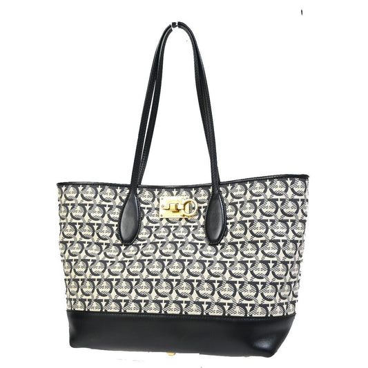 SALVATORE FERRAGAMO Gancini Shoulder Tote Bag Canvas Leather Black Gold 35SH764