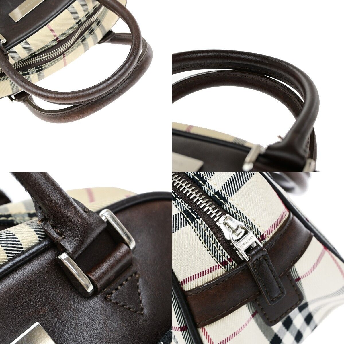 BURBERRY Logo Nova Check Hand Bag Canvas Leather Beige Brown Silver 38ED684