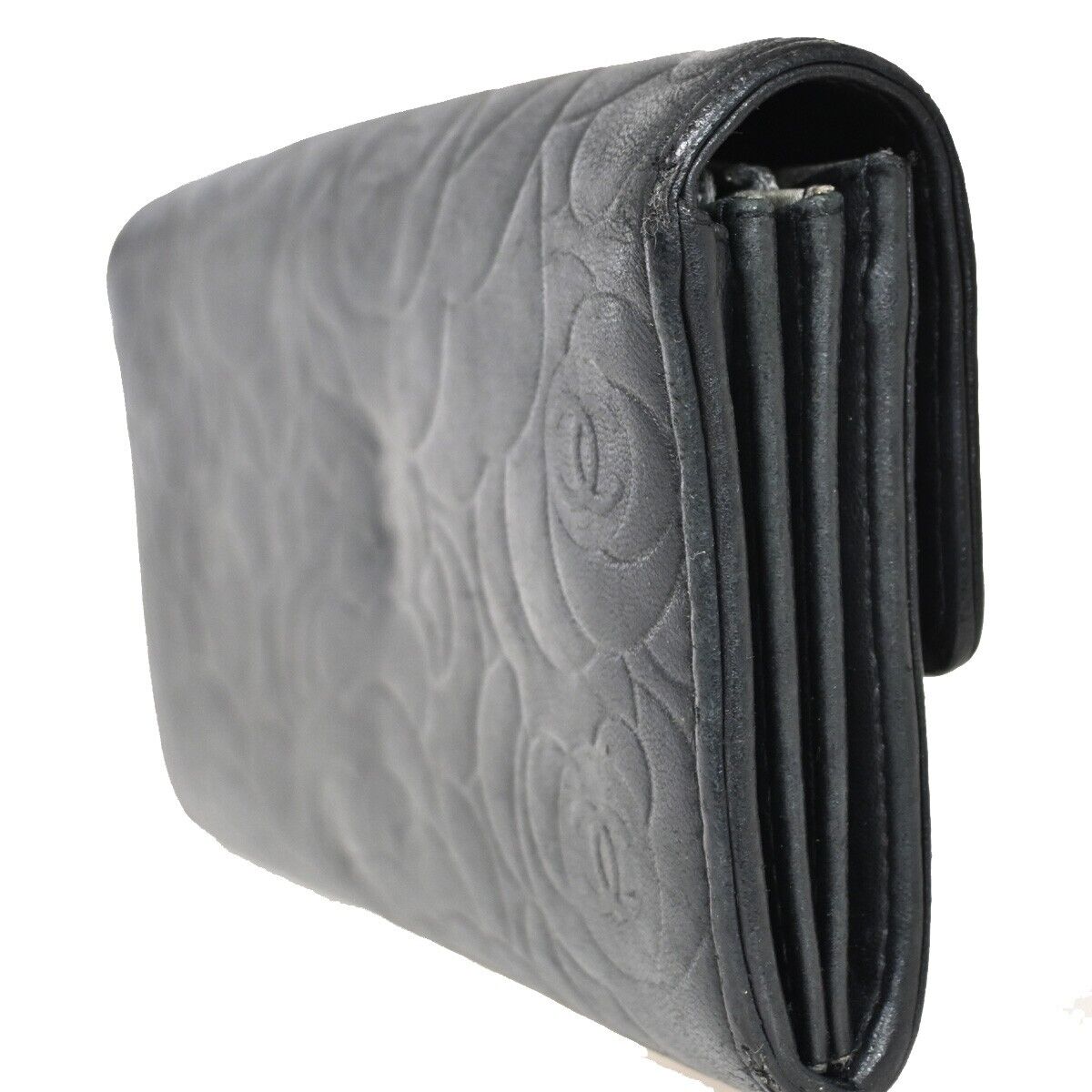 CHANEL CC Logo Camellia Long Bifold Wallet Purse Leather Black Italy 36FA430
