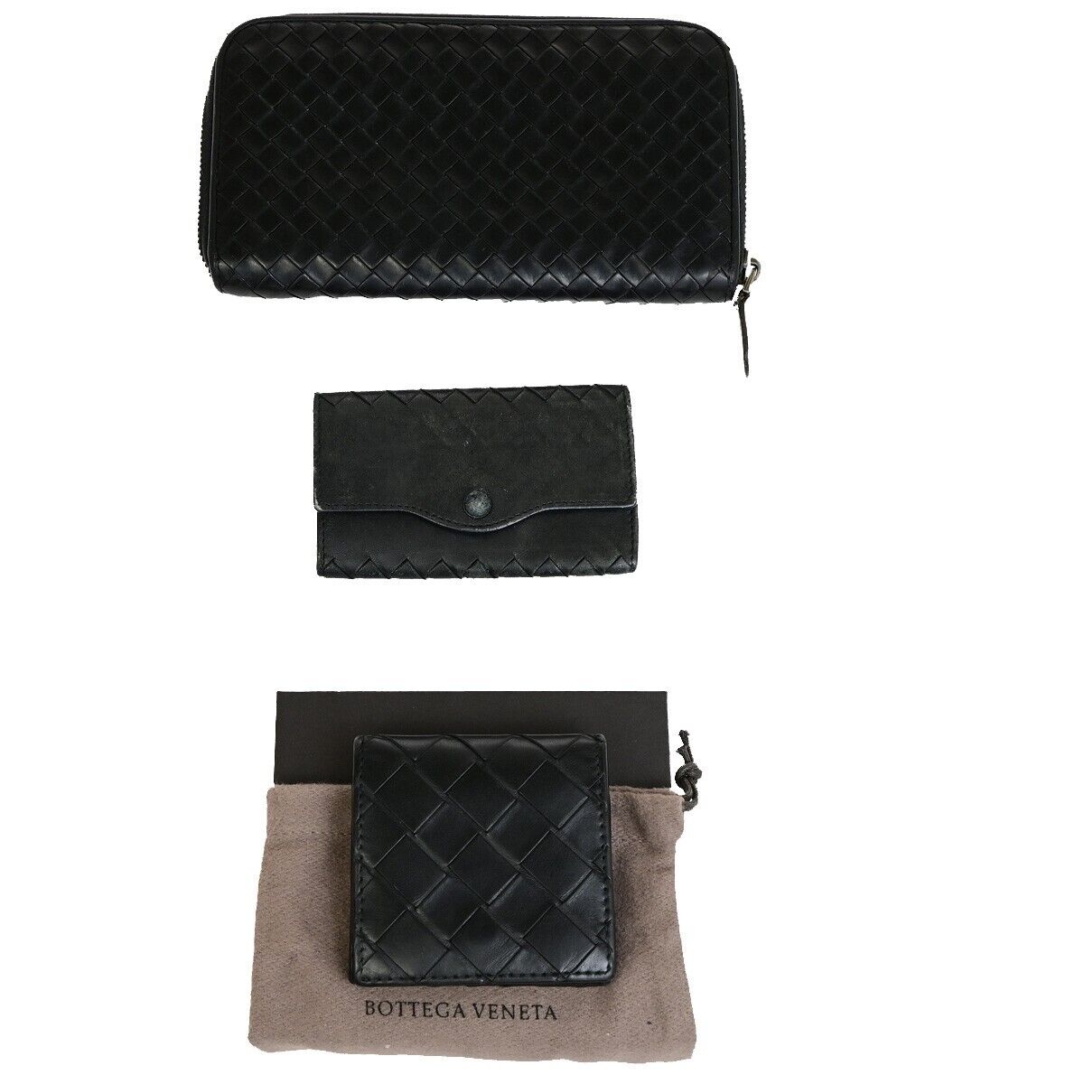 BOTTEGA VENETA Logo Intrecciato 3 Set Long Zipper Wallet Leather Black 33EE057