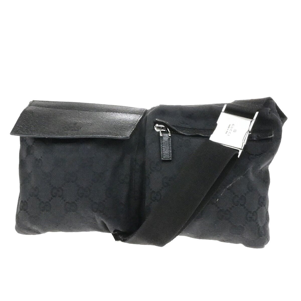 GUCCI Logo GG Pattern Bum Bag Belt Canvas Leather Black Silver Italy 33EE093