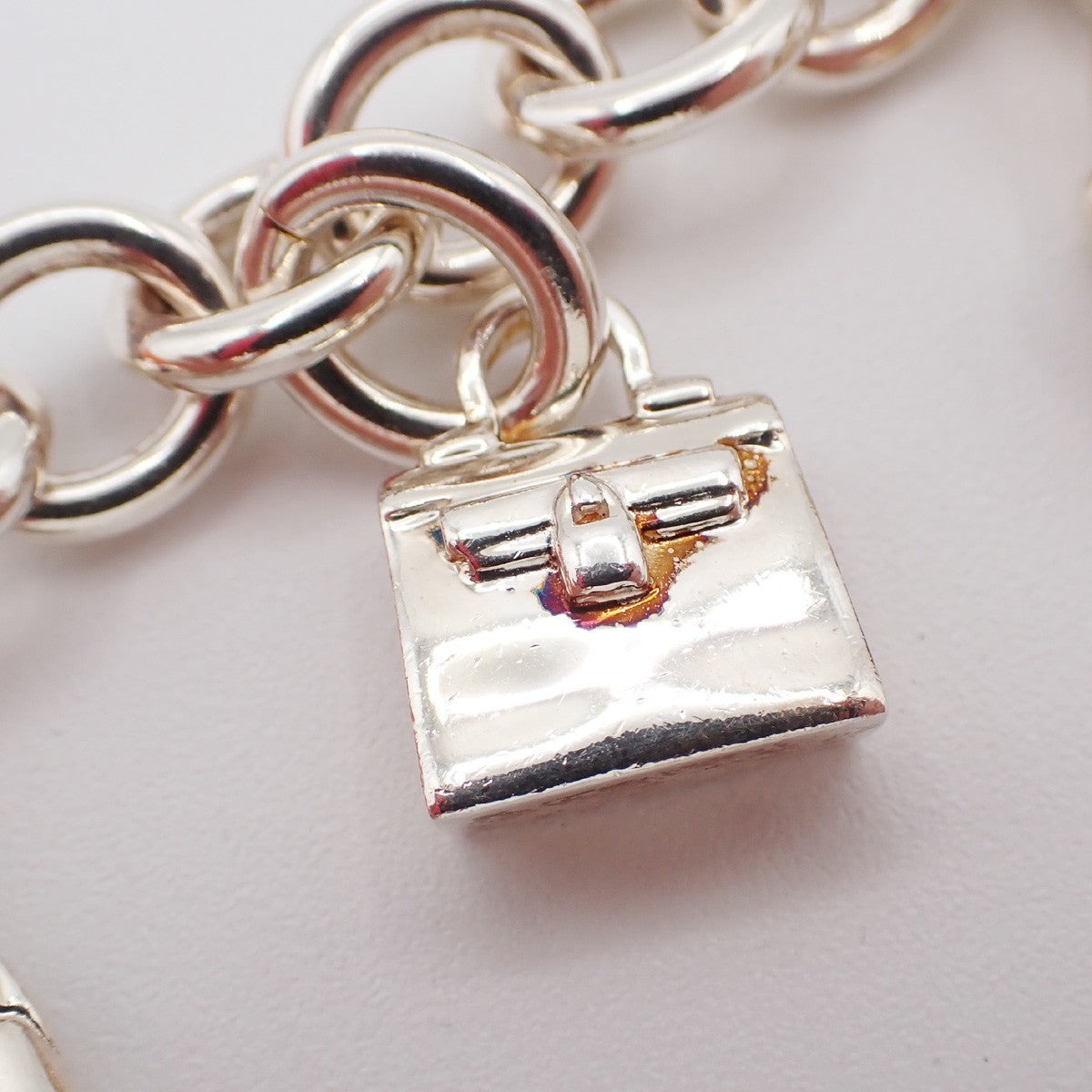 HERMES Logo Amulet 5 Charm Chain Bracelet Bangle Silver 925 France 649LC634