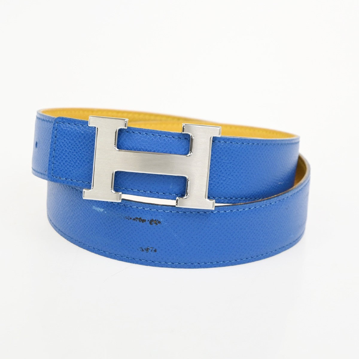 HERMES H Logo Constance Reversible Buckle Belt Leather #80 SHW Blue YW 82KC662