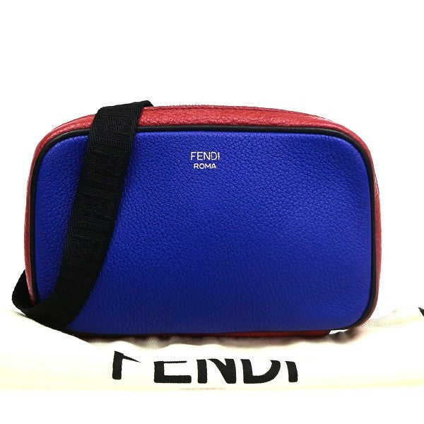 FENDI Logo Camera Case Mini Shoulder Bag Leather Red Blue SHW Italy 84CB041